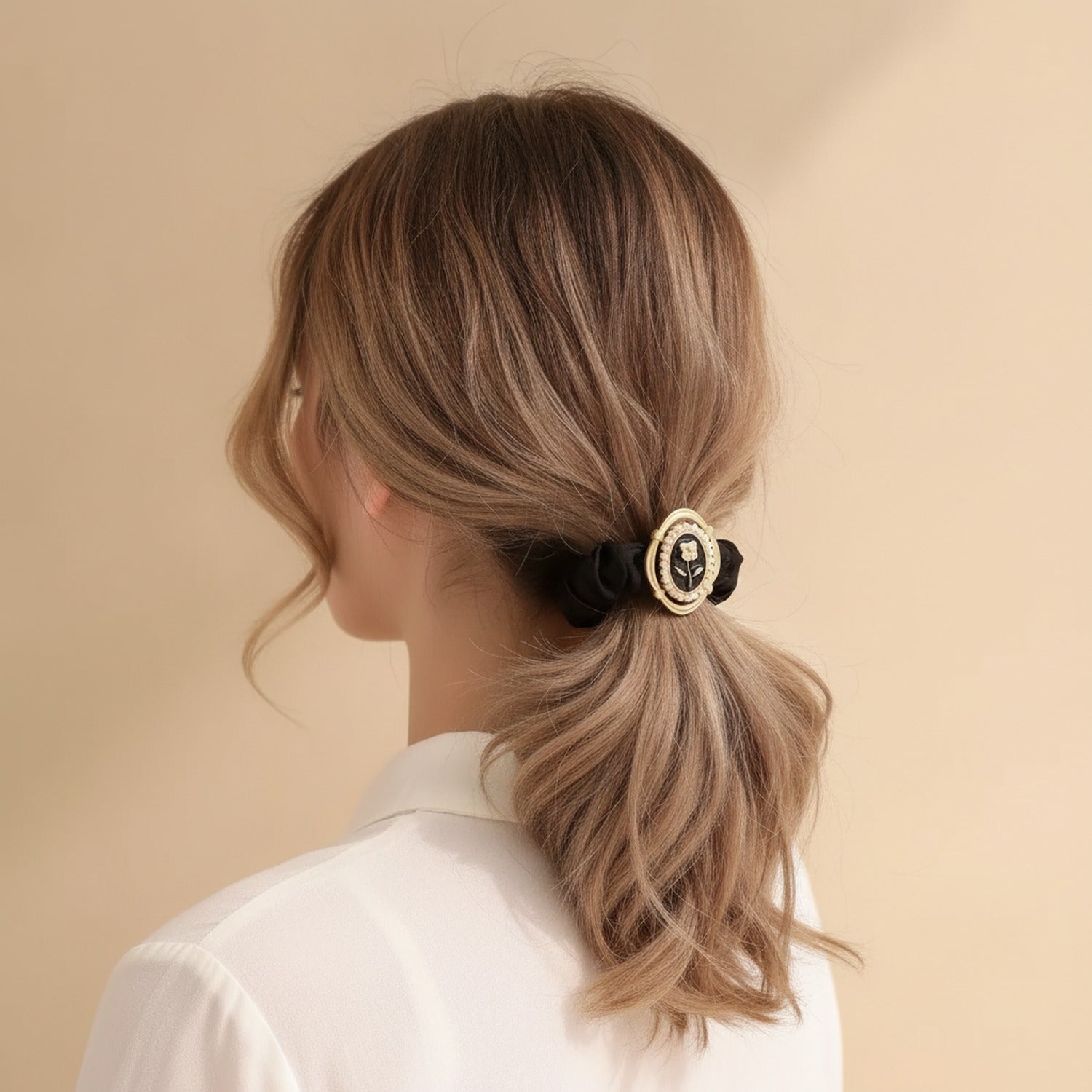 Black Pearl Beaded Rose Charm Scrunchie