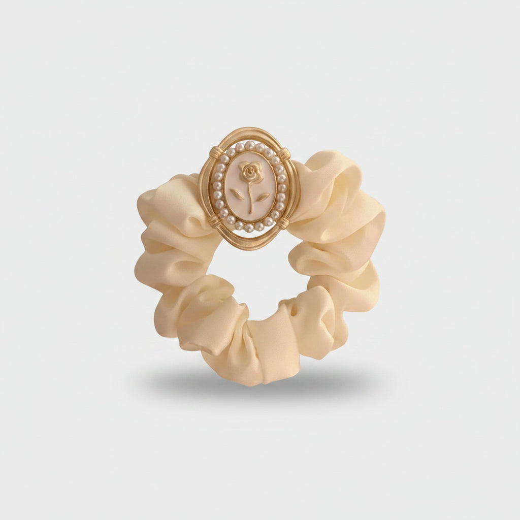 Cream Pearl Rose Cameo Velvet Scrunchie