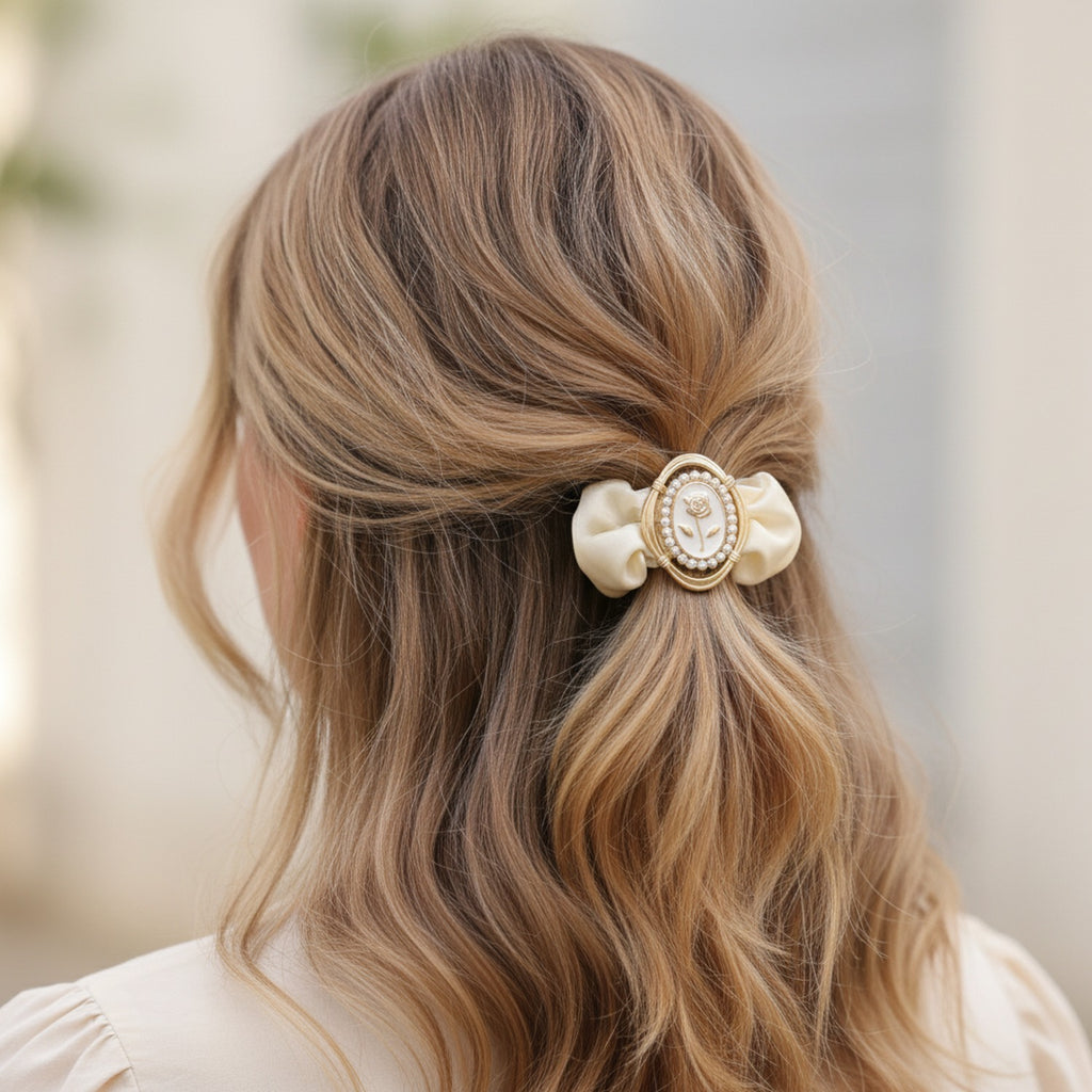 Cream Pearl Rose Cameo Velvet Scrunchie