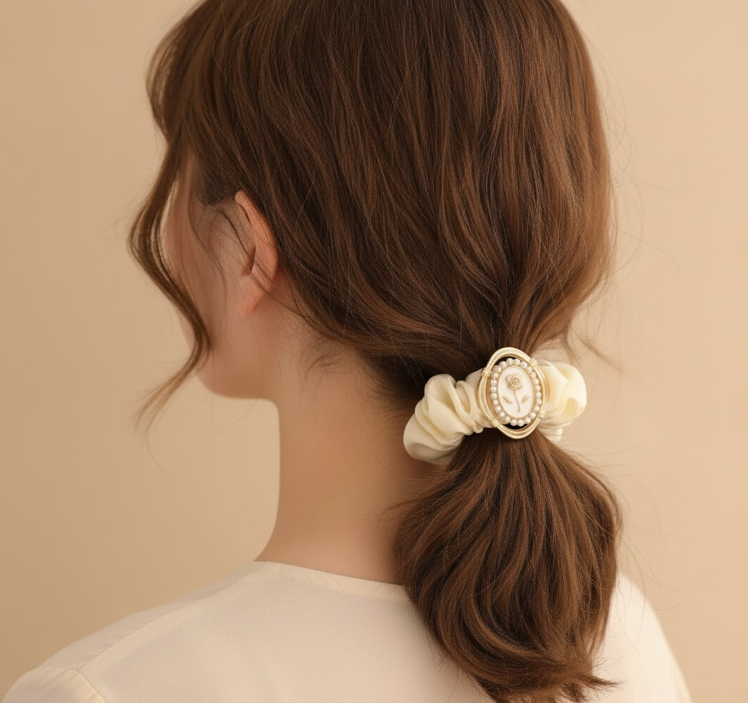 Cream Pearl Rose Cameo Velvet Scrunchie – hair accessories (view 2)