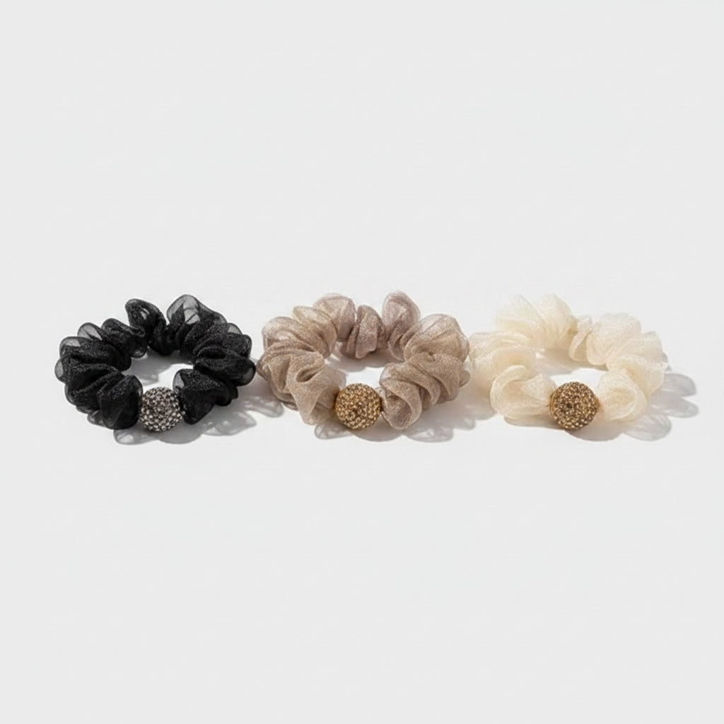 Mesh Scrunchie Set With Beaded Pearl Charms