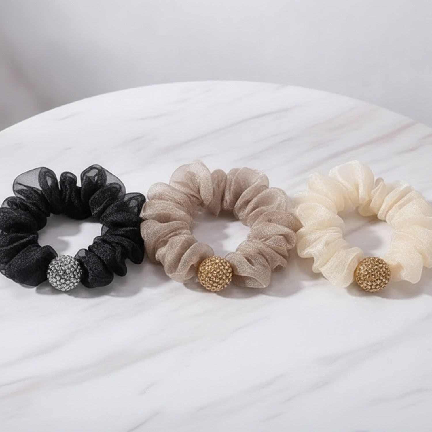 Mesh Scrunchie Set With Beaded Pearl Charms