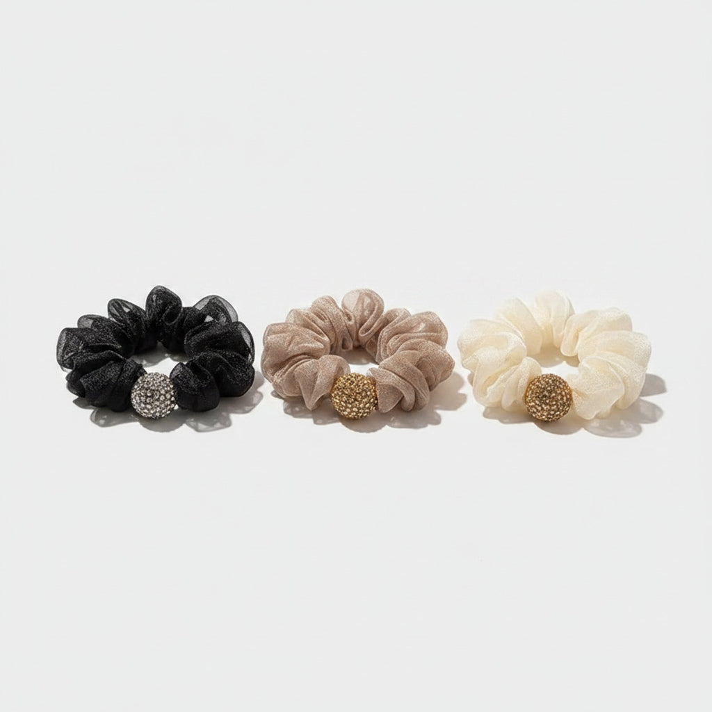 Velvet Scrunchies With Beaded Charm Set
