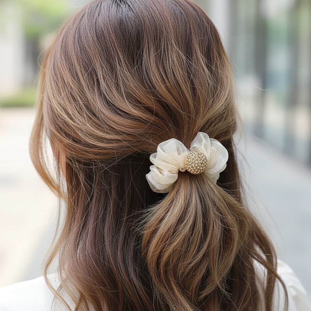 Velvet Scrunchies With Beaded Charm Set