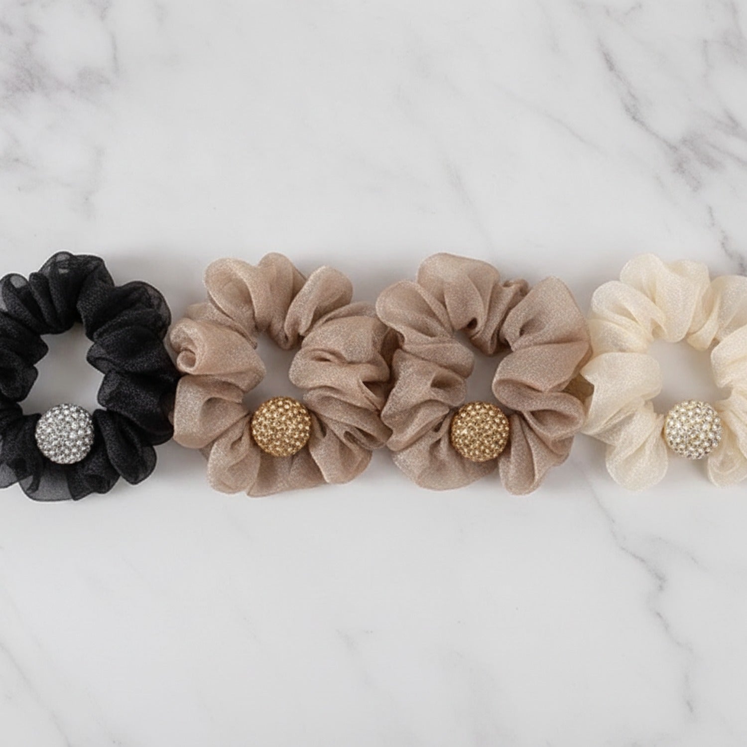 Velvet Scrunchies With Beaded Charm Set