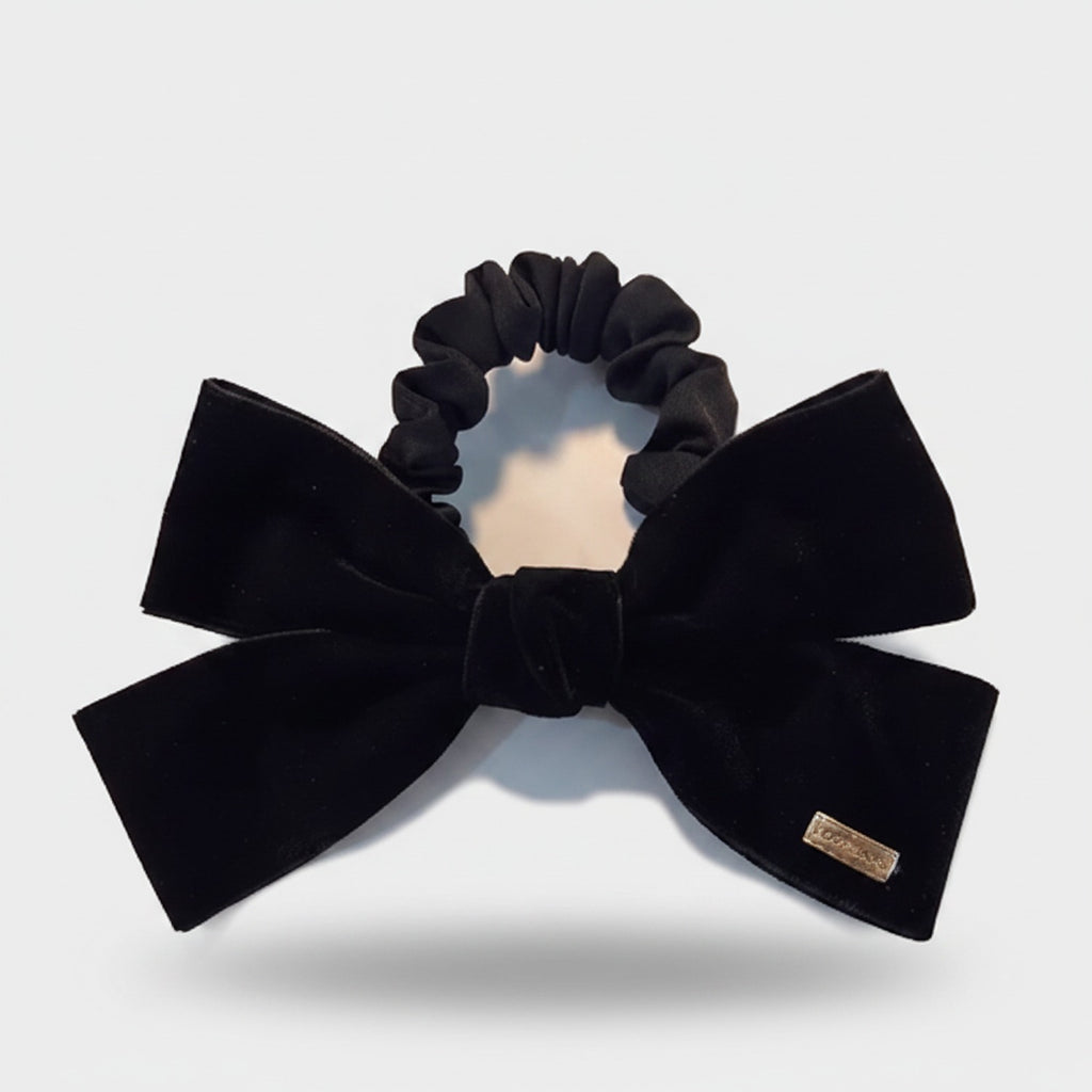 Black Velvet Bow Hair Scrunchie with Ruffle Detail