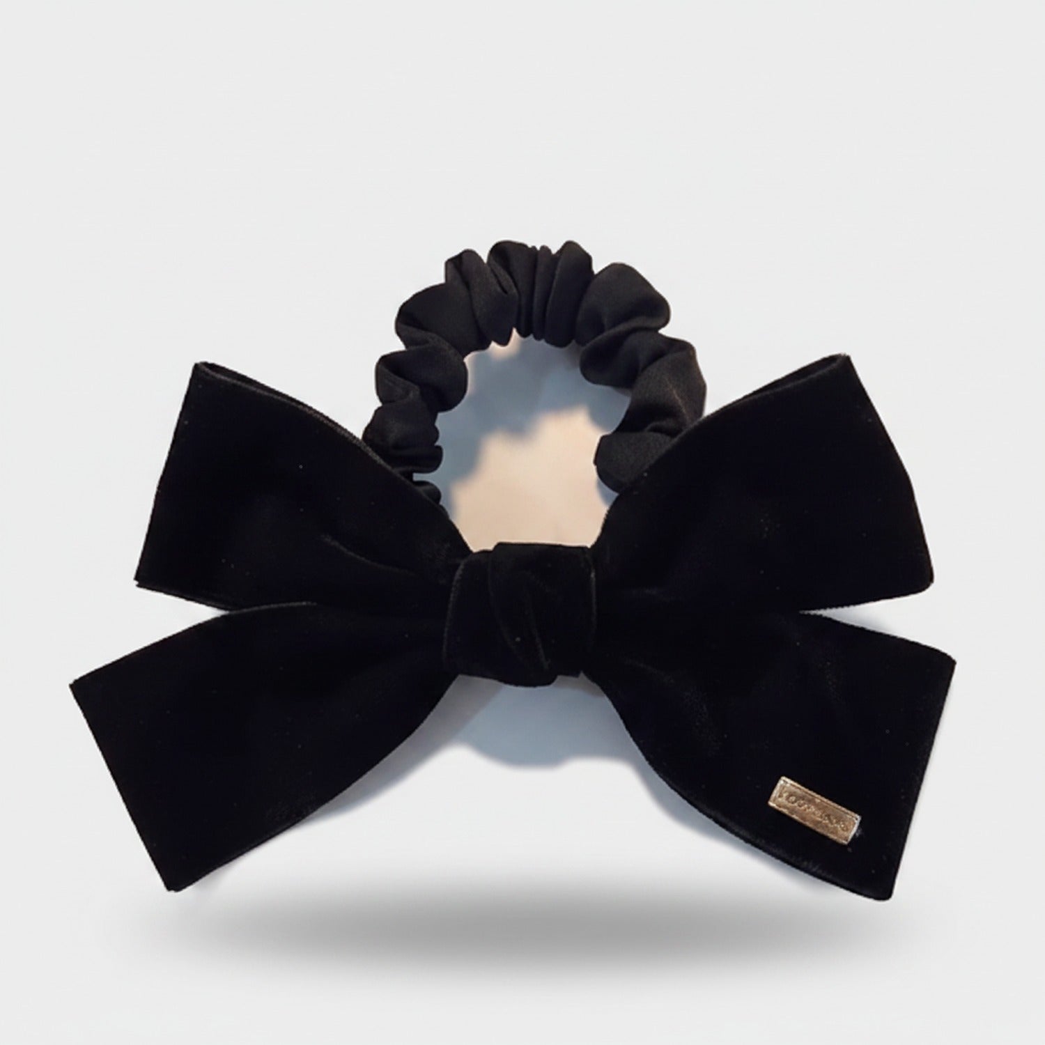 Black Velvet Bow Hair Scrunchie with Ruffle Detail
