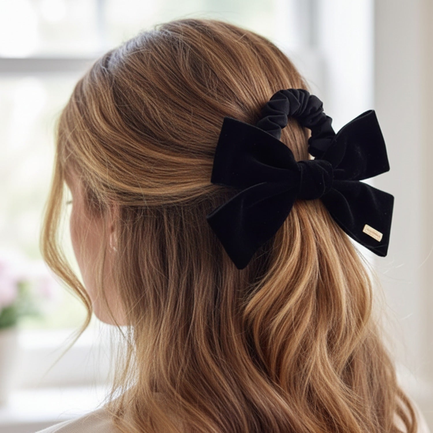 Black Velvet Bow Hair Scrunchie with Ruffle Detail