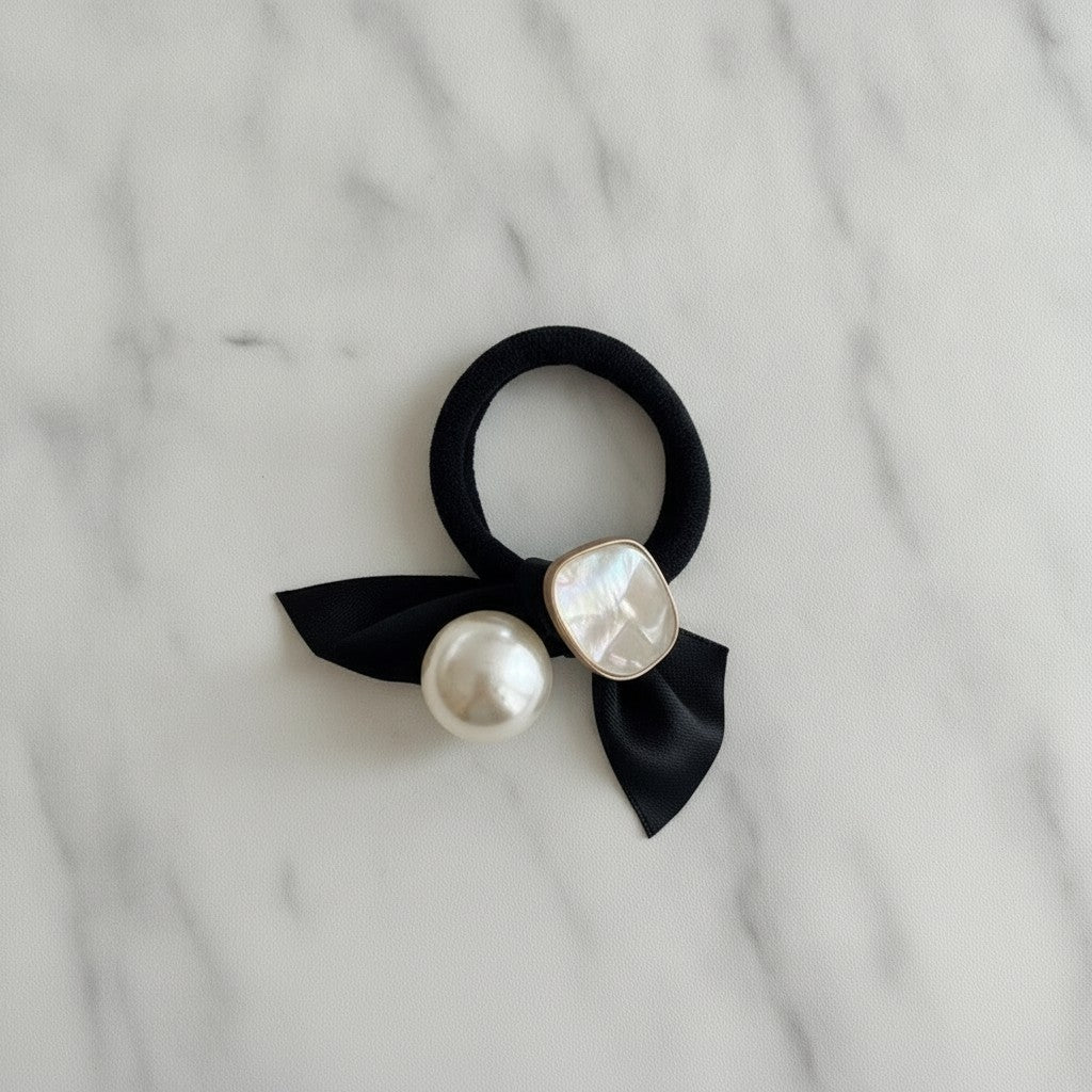 Pearl And Opal Stone Black Ribbon Hair Tie