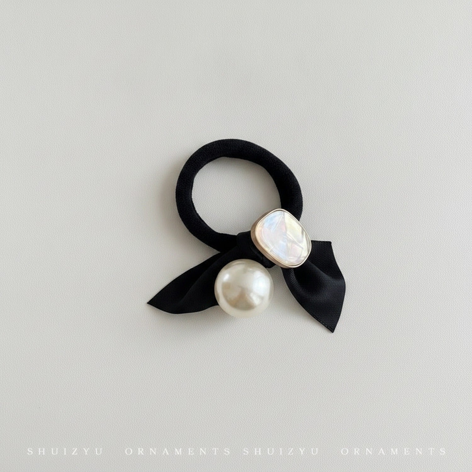 Pearl And Opal Stone Black Ribbon Hair Tie