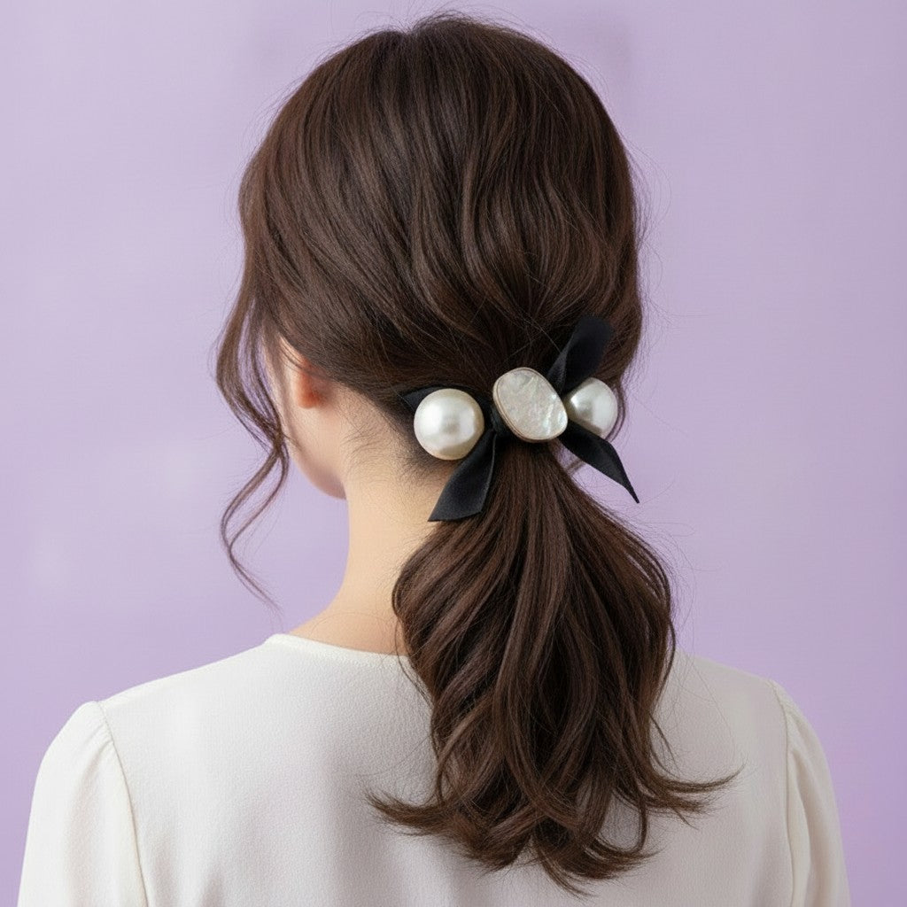 Pearl And Opal Stone Black Ribbon Hair Tie