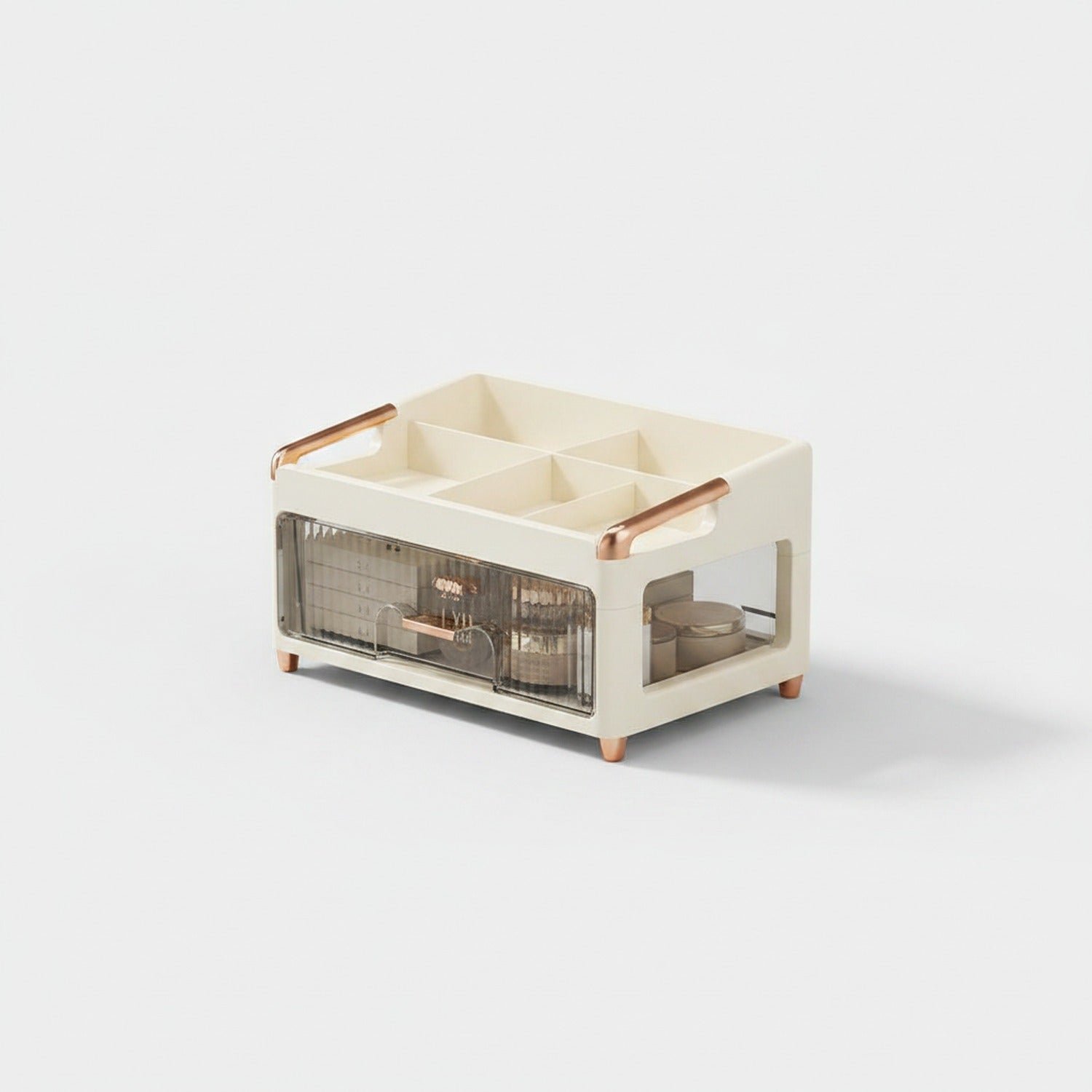 Cream Makeup Organizer With Drawer Storage Box