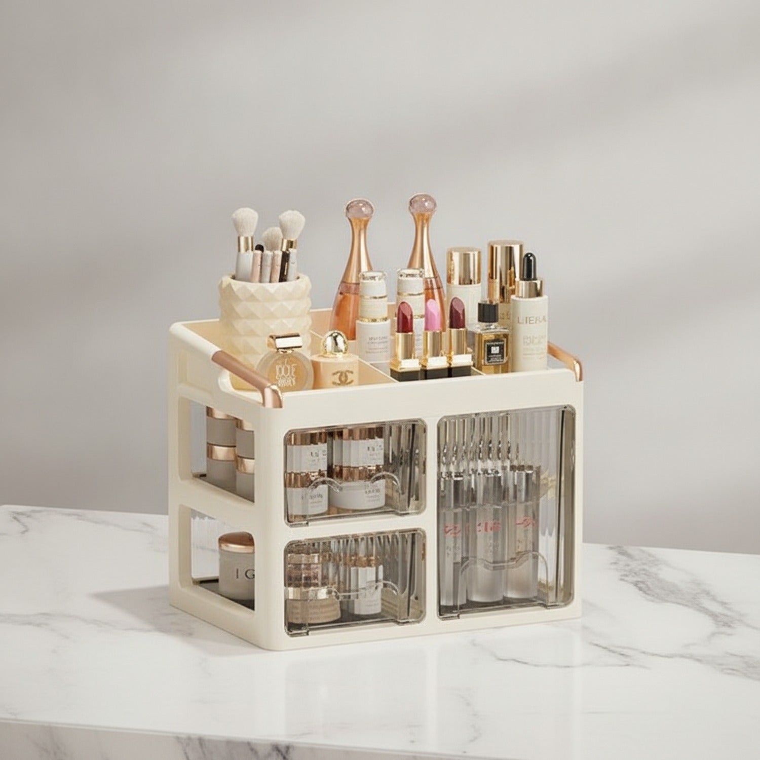 Cream Rotating Cosmetic Organizer with Glass Doors