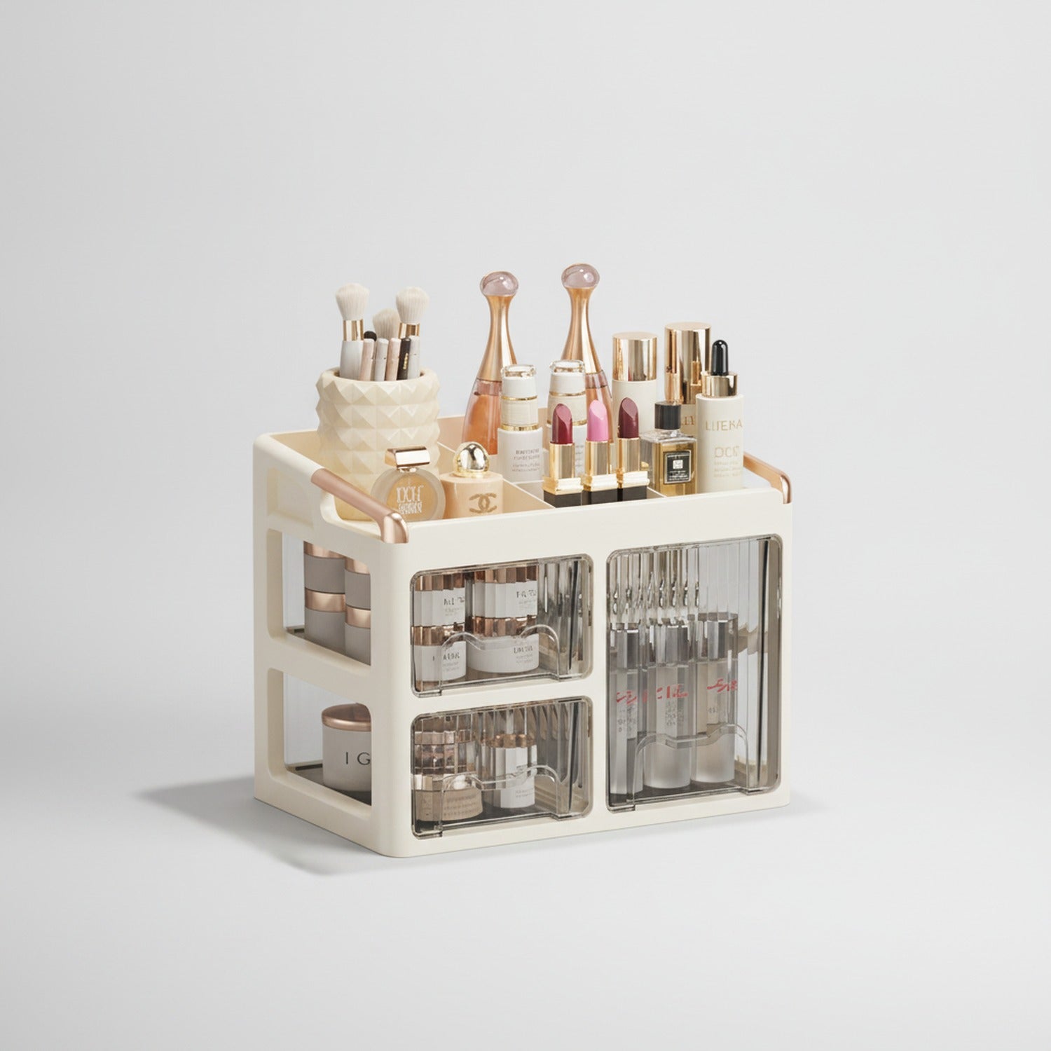 Cream Rotating Cosmetic Organizer with Glass Doors