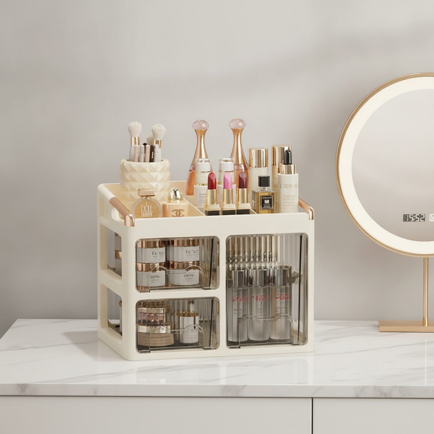 Cream Rotating Cosmetic Organizer with Glass Doors
