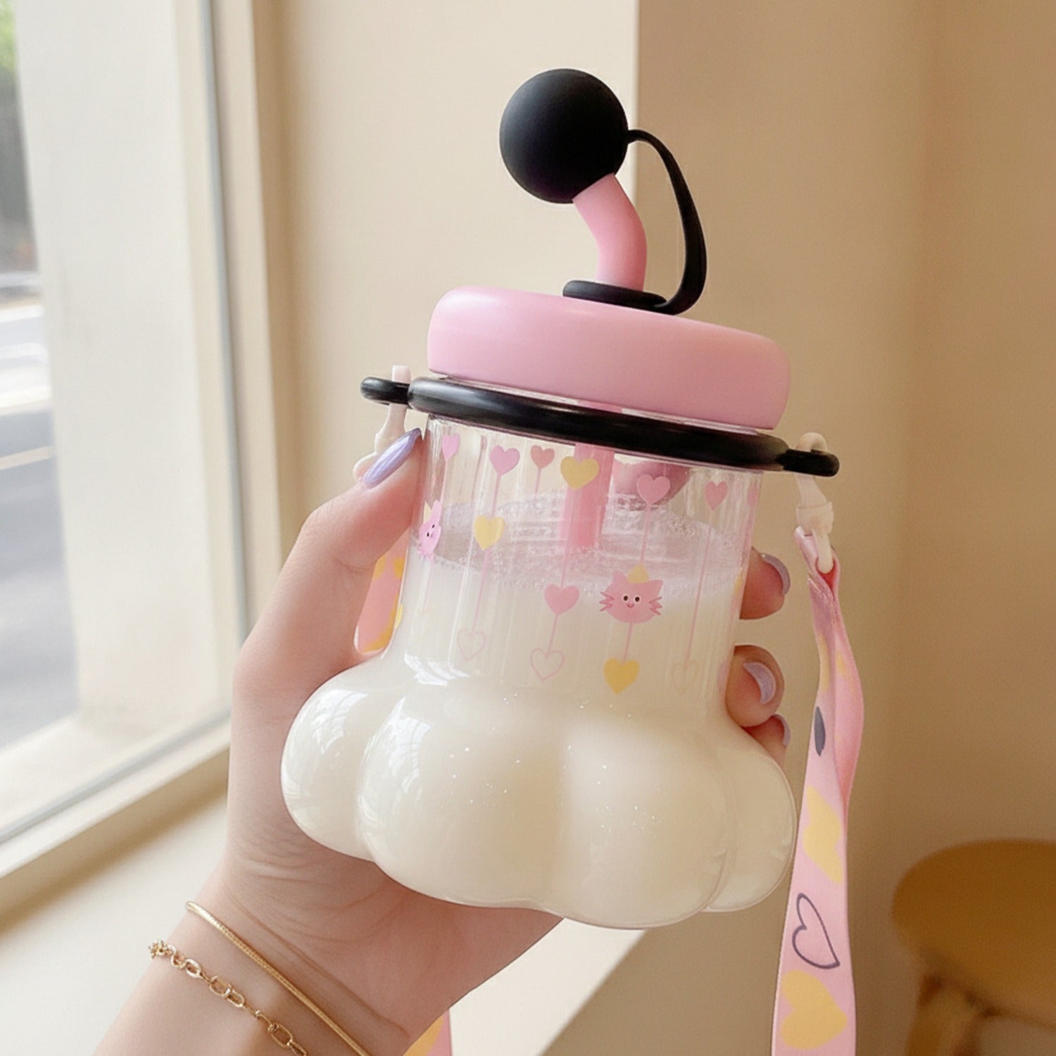 Pink Cloud Tumbler With Heart Charm Handles