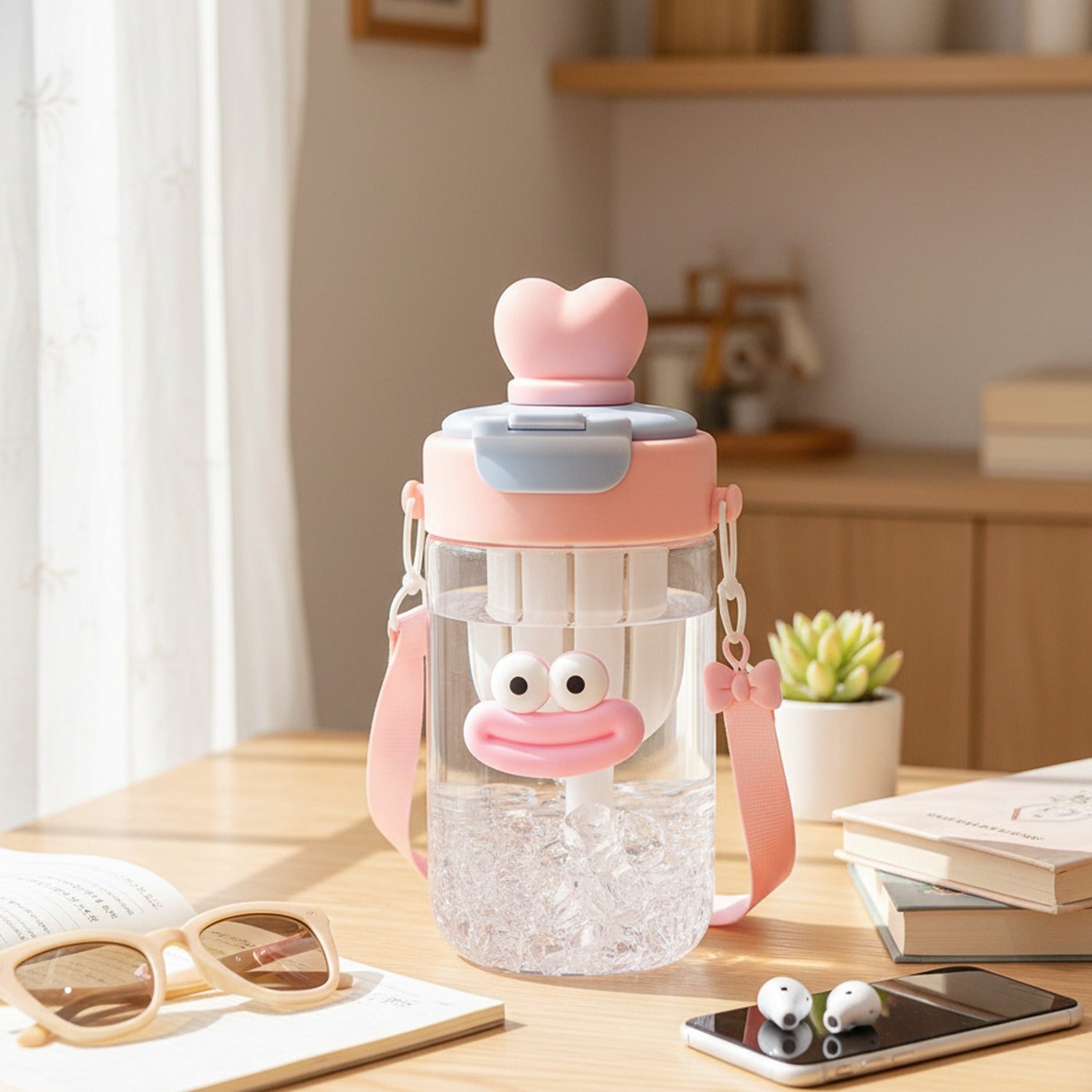 Pink Smiley Face Water Bottle with Charm