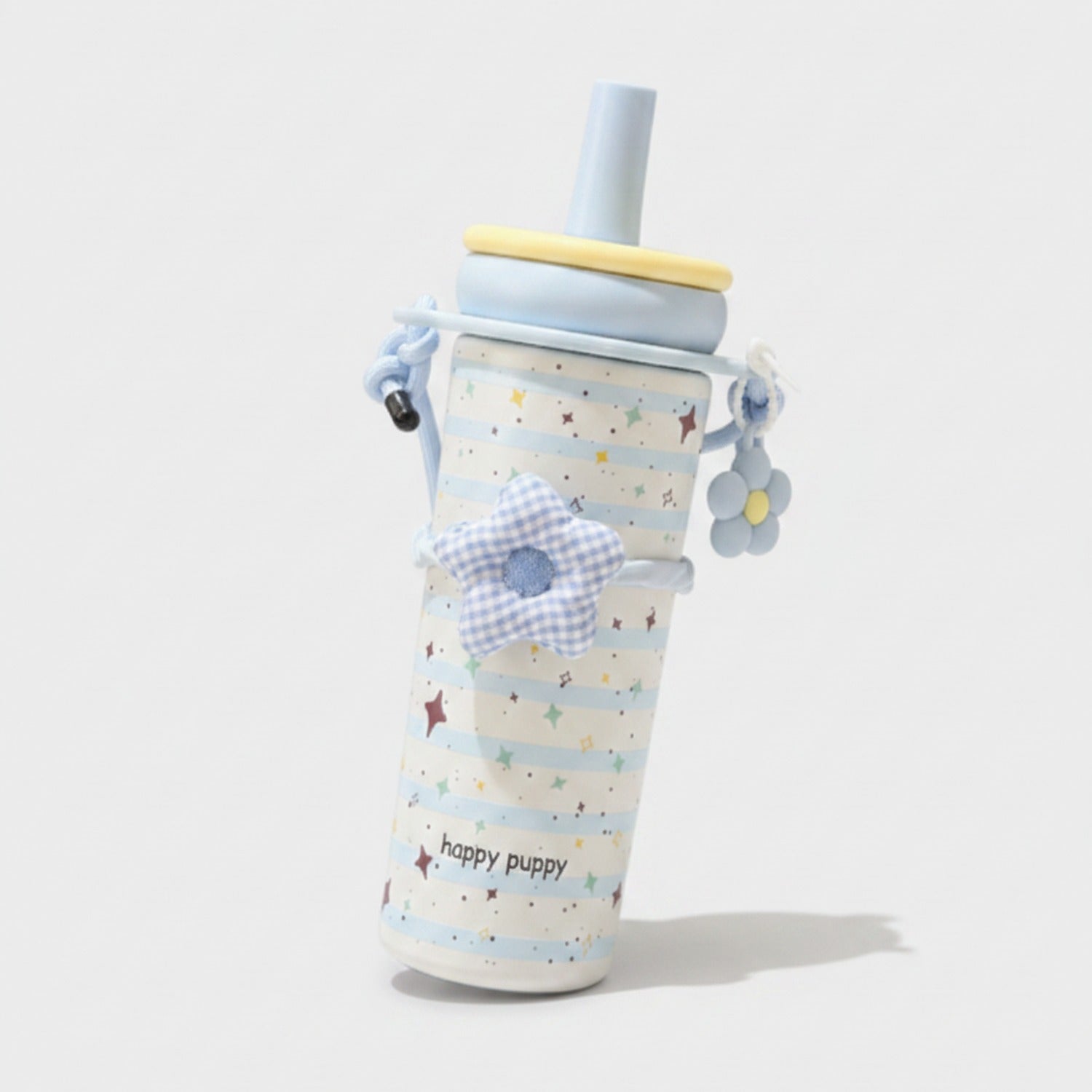 Cream Star Print Tumbler With Checkered Flower Charm