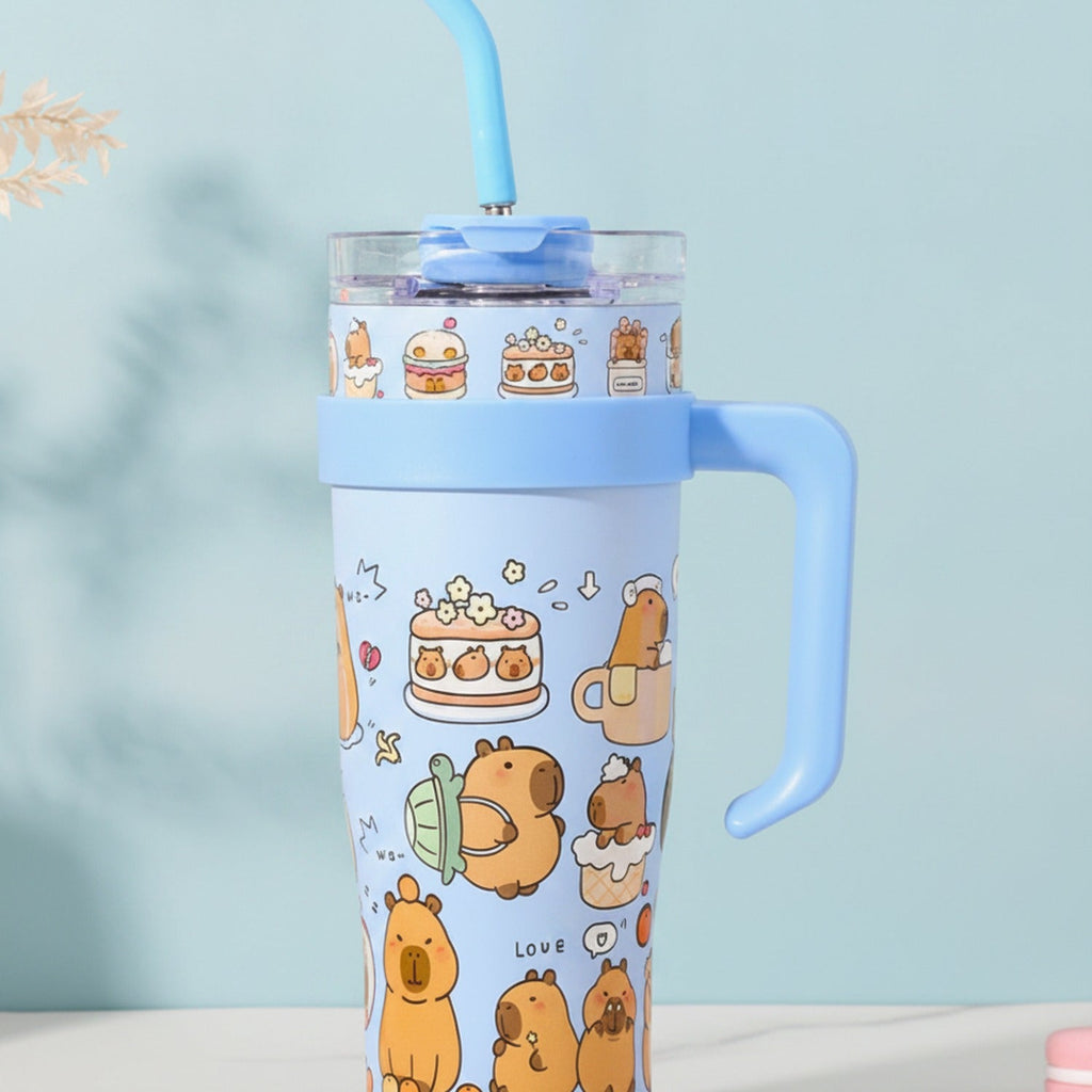 Capybara Printed Tumbler With Handle And Straw - Lake Blue