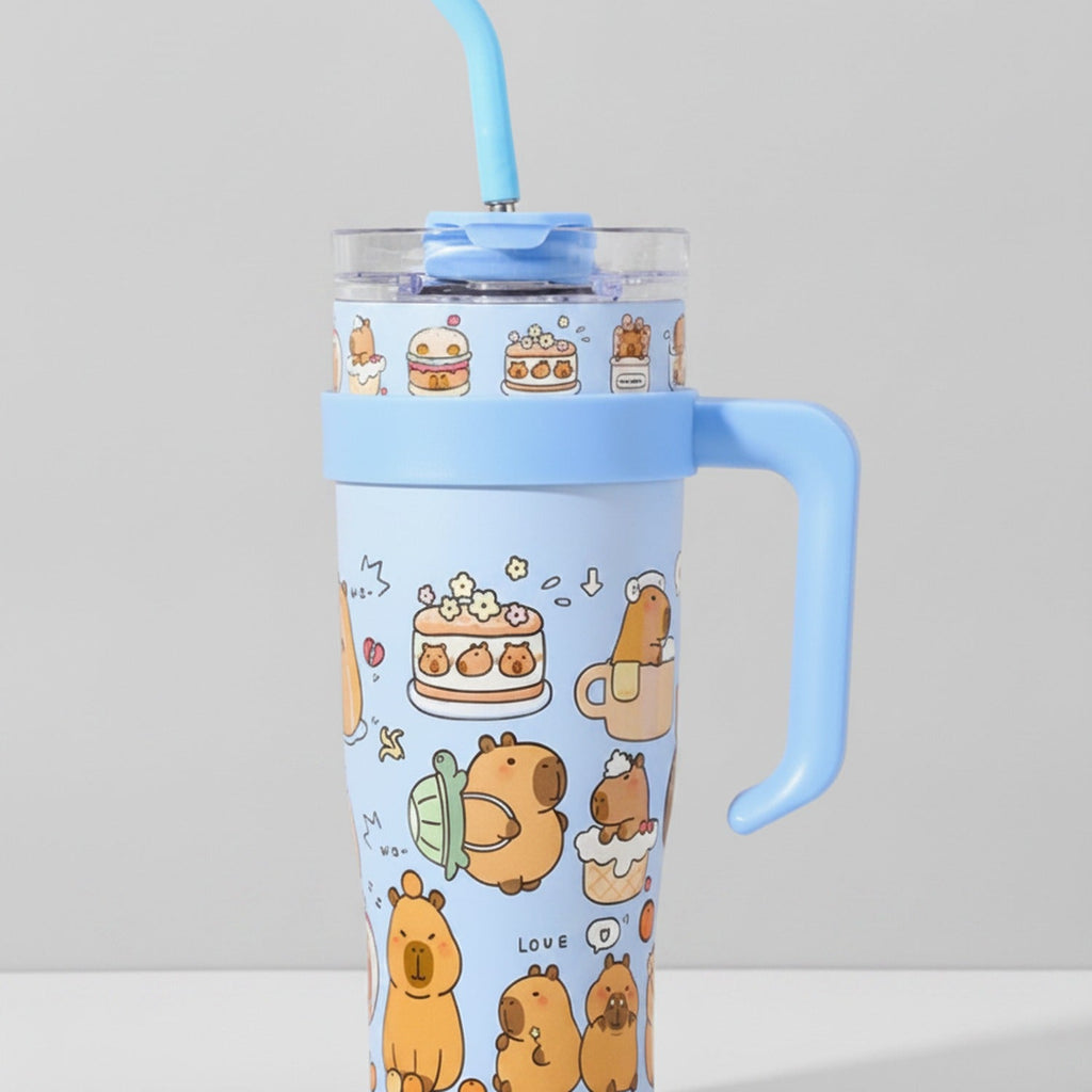 Capybara Printed Tumbler With Handle And Straw - Lake Blue