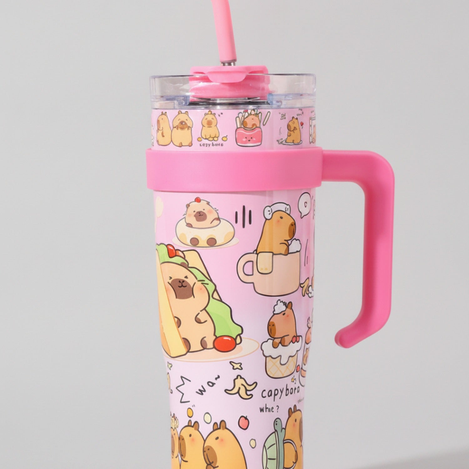 Capybara Printed Tumbler With Handle And Straw - Cherry Blossom Pink