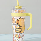 Capybara Printed Tumbler With Handle And Straw - Warm Yellow