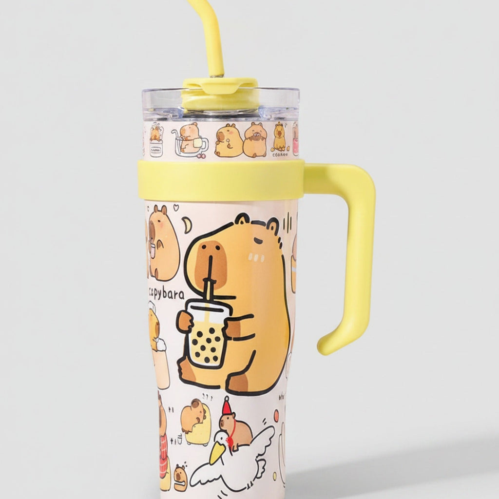 Capybara Printed Tumbler With Handle And Straw - Warm Yellow