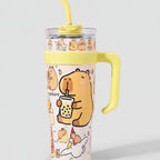 Capybara Printed Tumbler With Handle And Straw - Warm Yellow