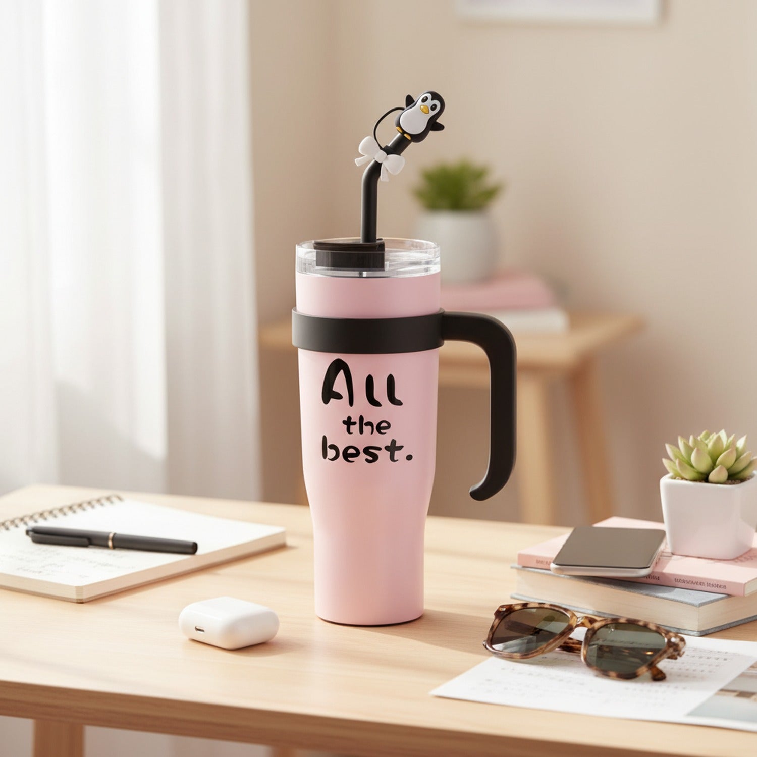 Pink Tumbler Cup With Bird Charm Handle