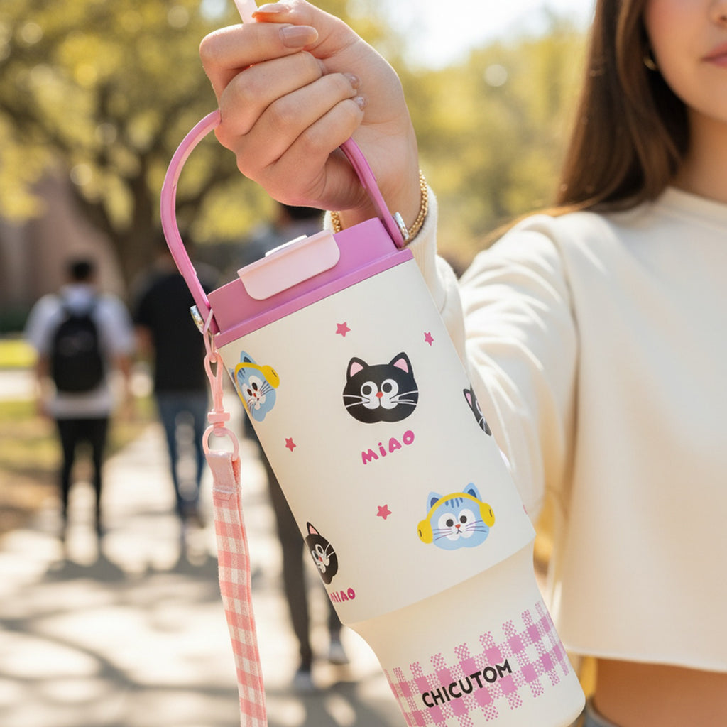Stainless Steel Insulated Tumbler with Happy Character Design - Pink Stainless Steel – novelty & toys (view 2)