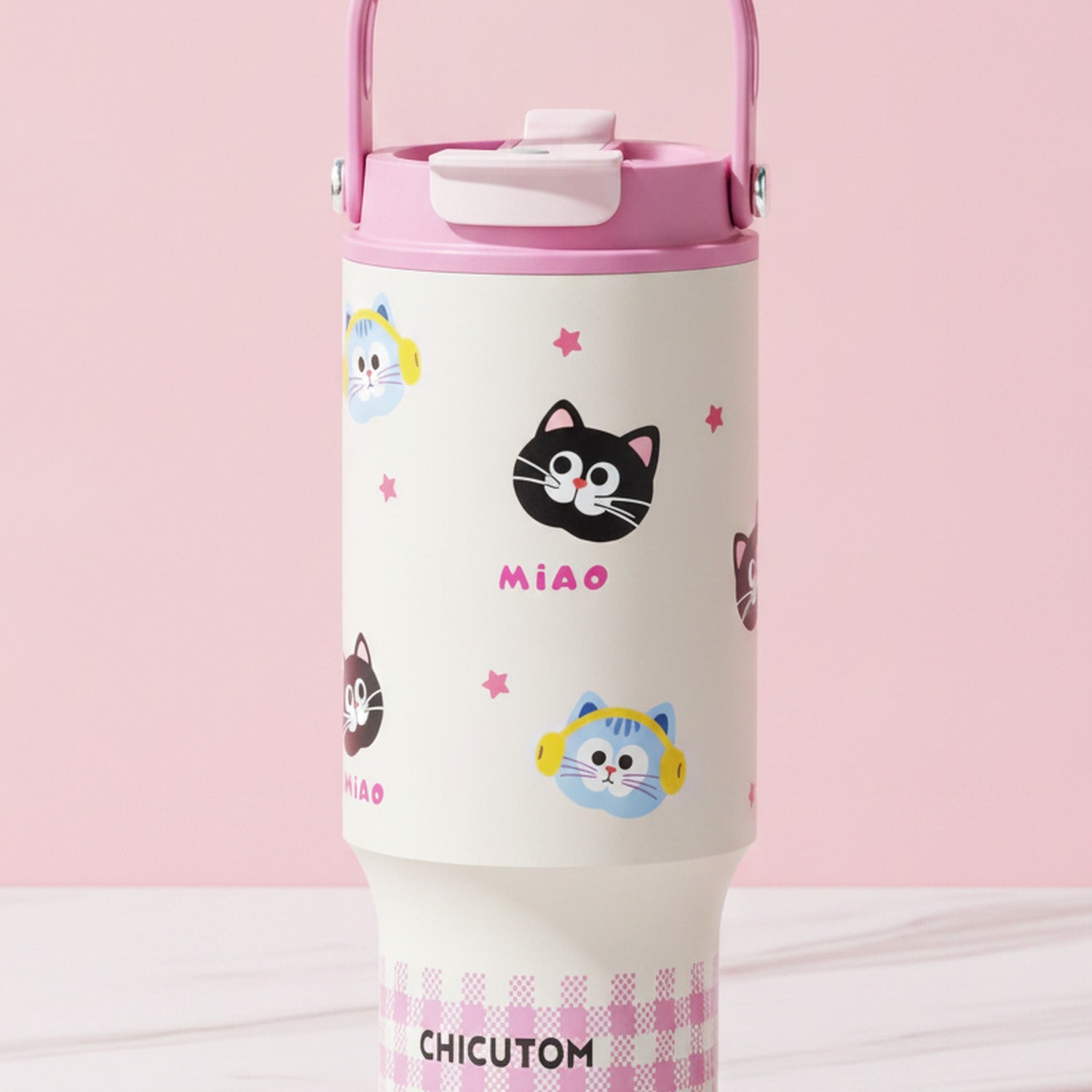 Stainless Steel Insulated Tumbler with Happy Character Design - Pink Stainless Steel