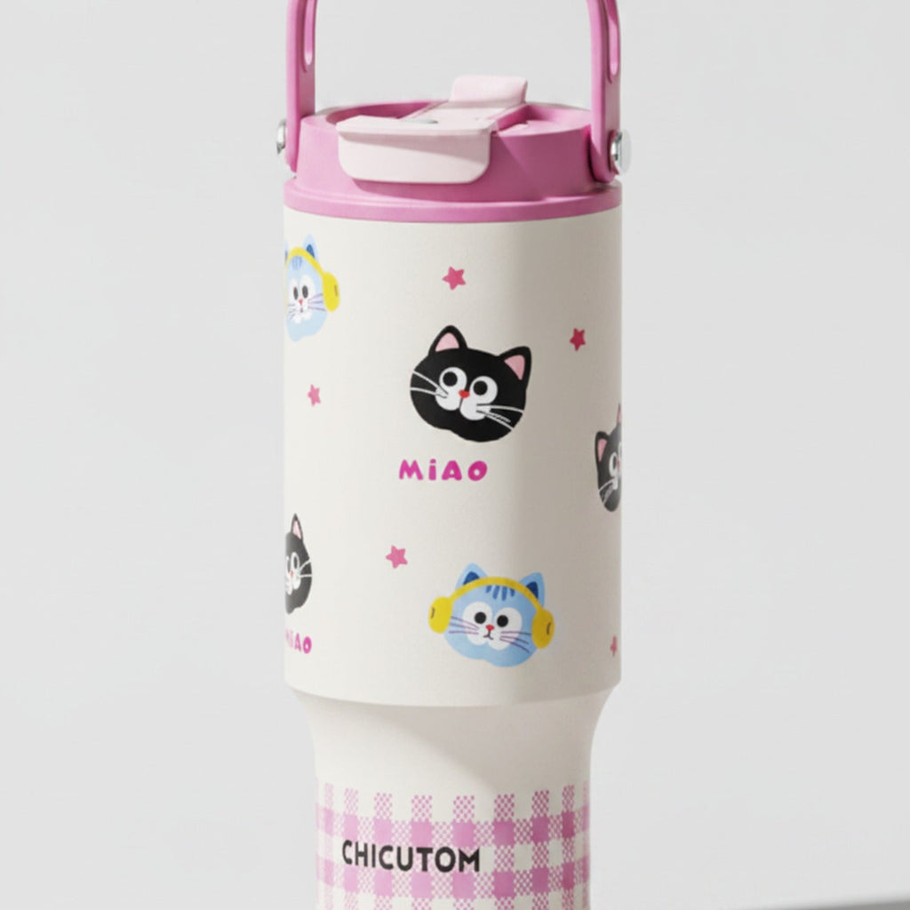 Stainless Steel Insulated Tumbler with Happy Character Design - Pink Stainless Steel