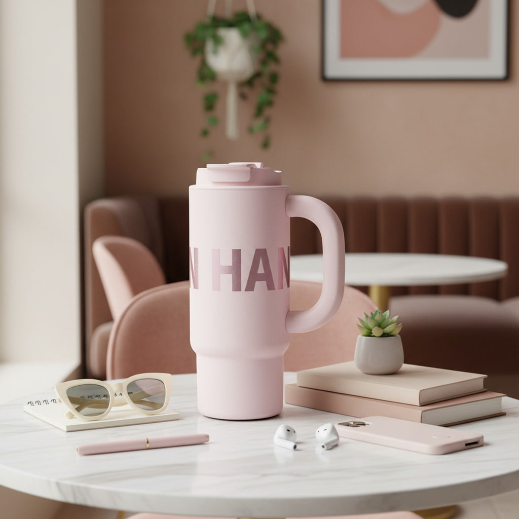 Insulated Tumbler Cup With Handle - Cherry Blossom Pink Handle 1000ml – novelty & toys (view 2)