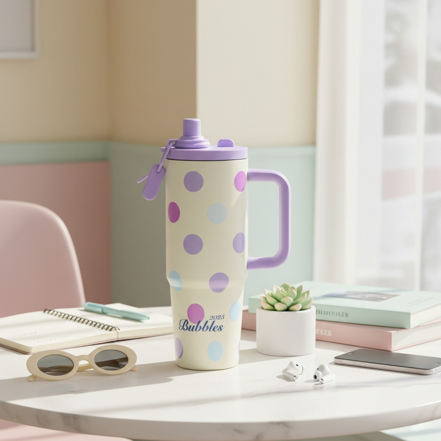 Cream Polka Dot Tumbler With Purple Handle