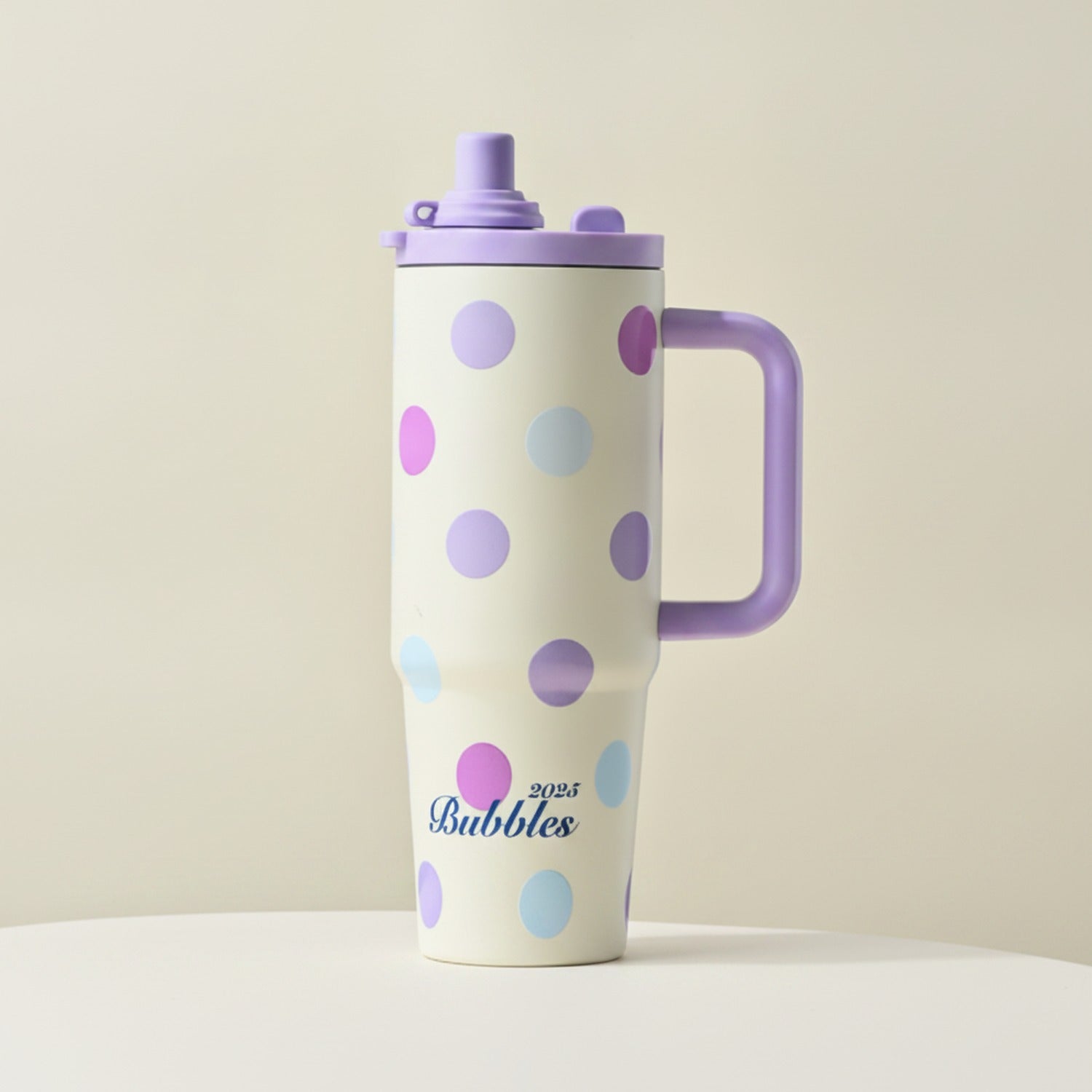 Cream Polka Dot Tumbler With Purple Handle