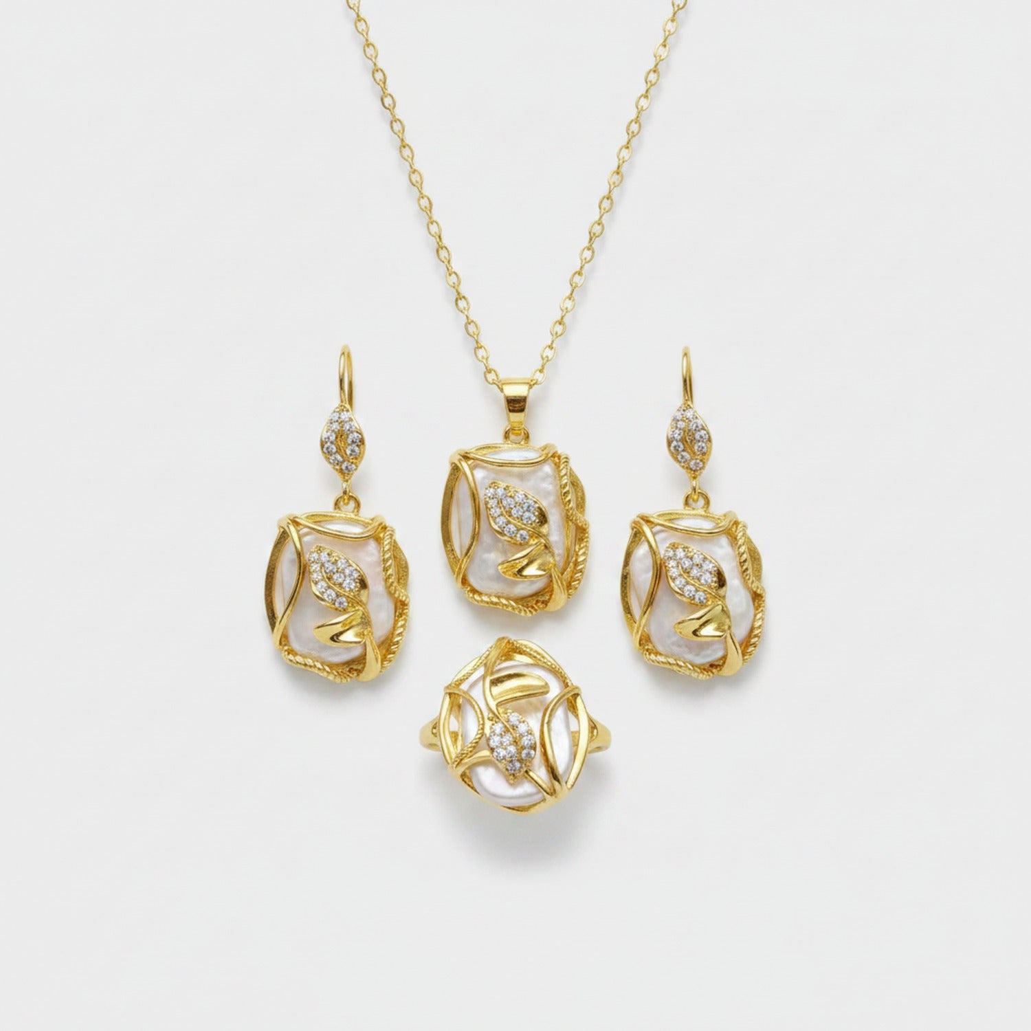Pearl & Rhinestone Leaf Gold Jewelry Set