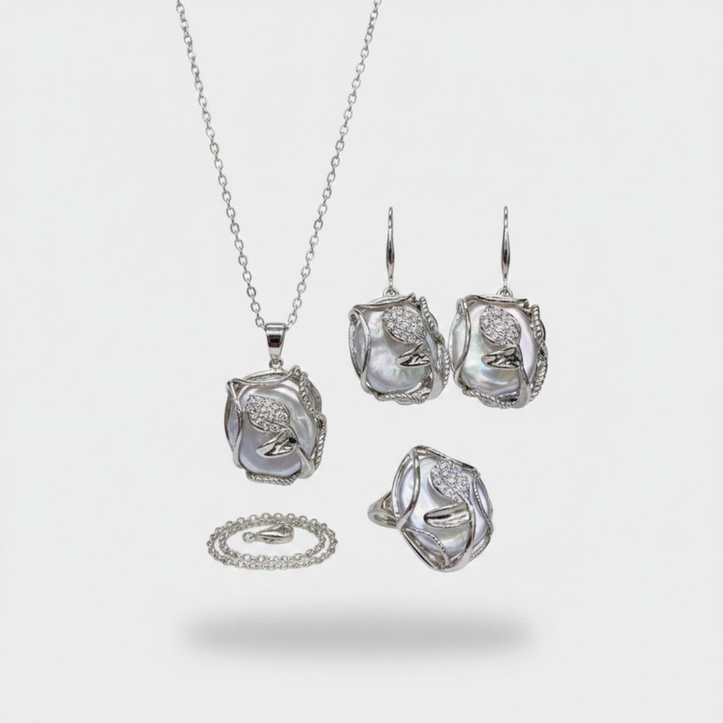 Pearl Shell Rhinestone Jewelry Set With Ring