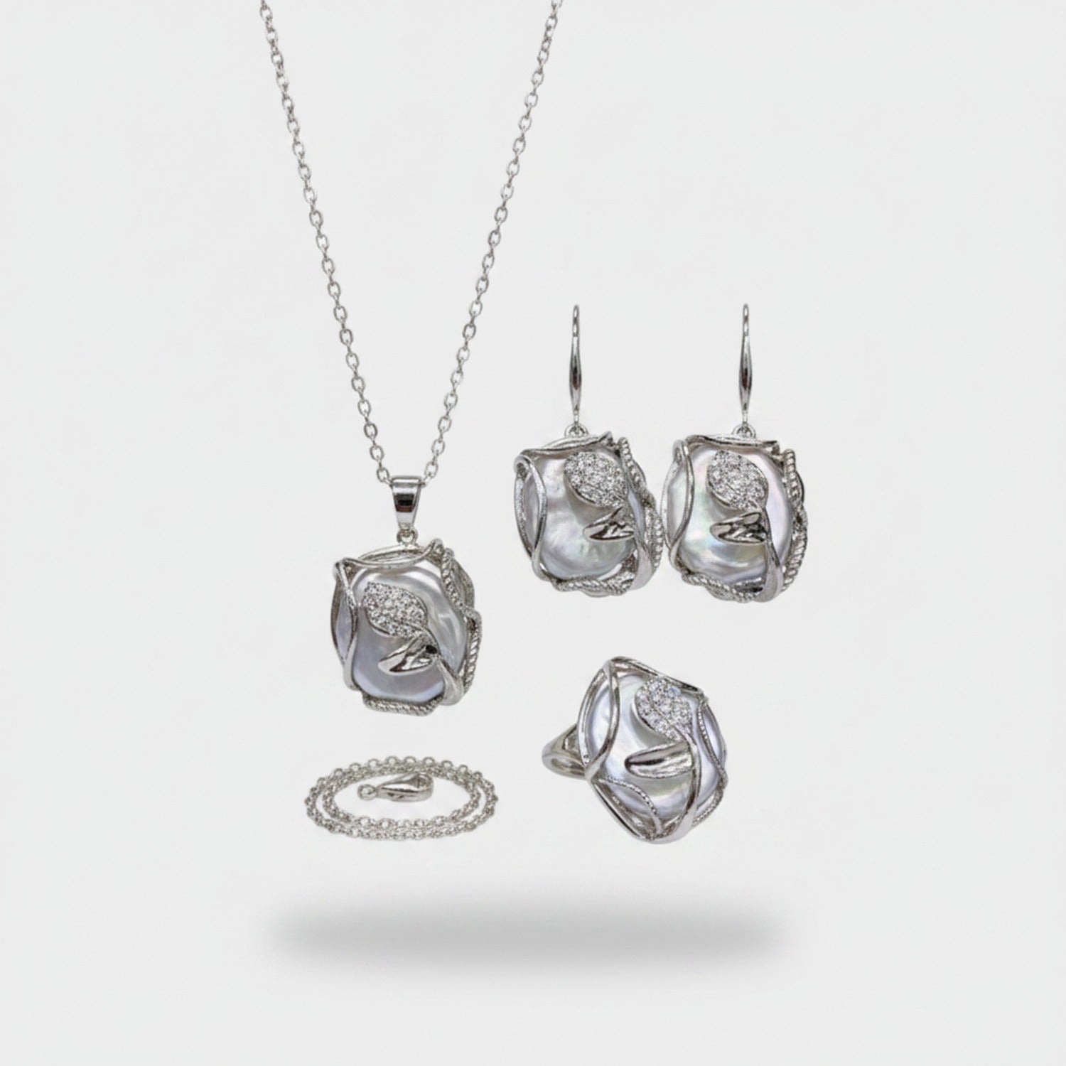 Pearl Shell Rhinestone Jewelry Set With Ring
