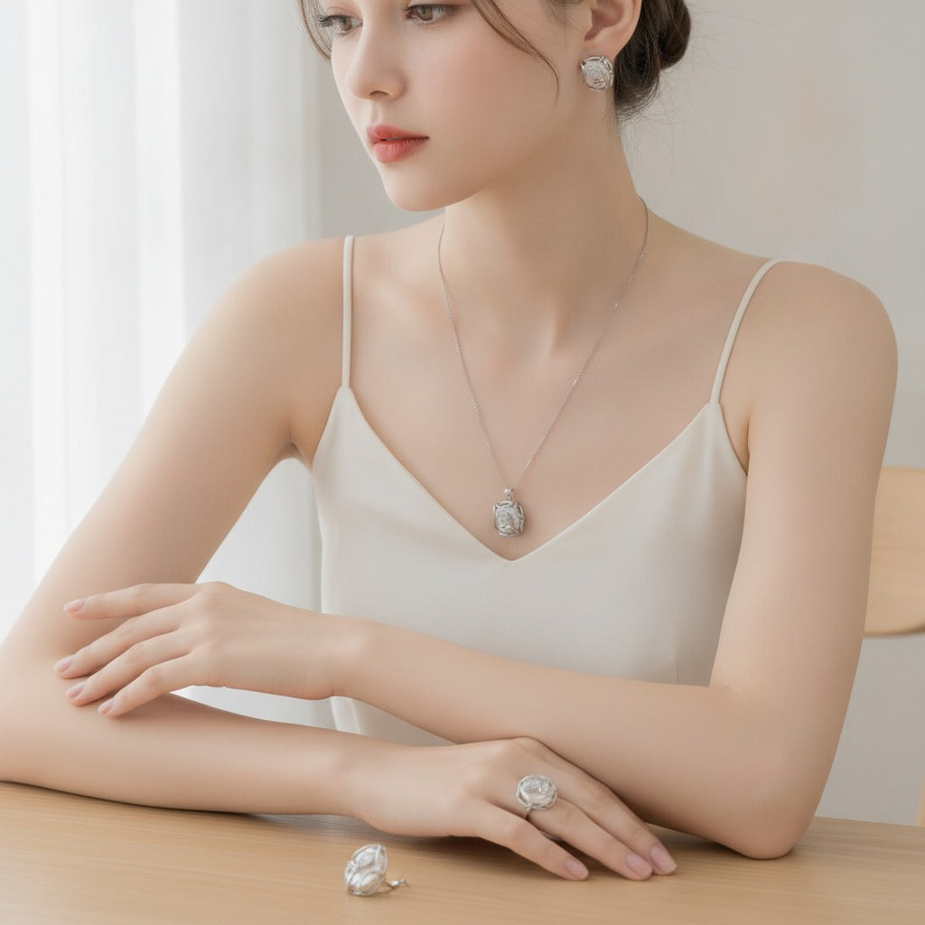 Pearl Shell Rhinestone Jewelry Set With Ring