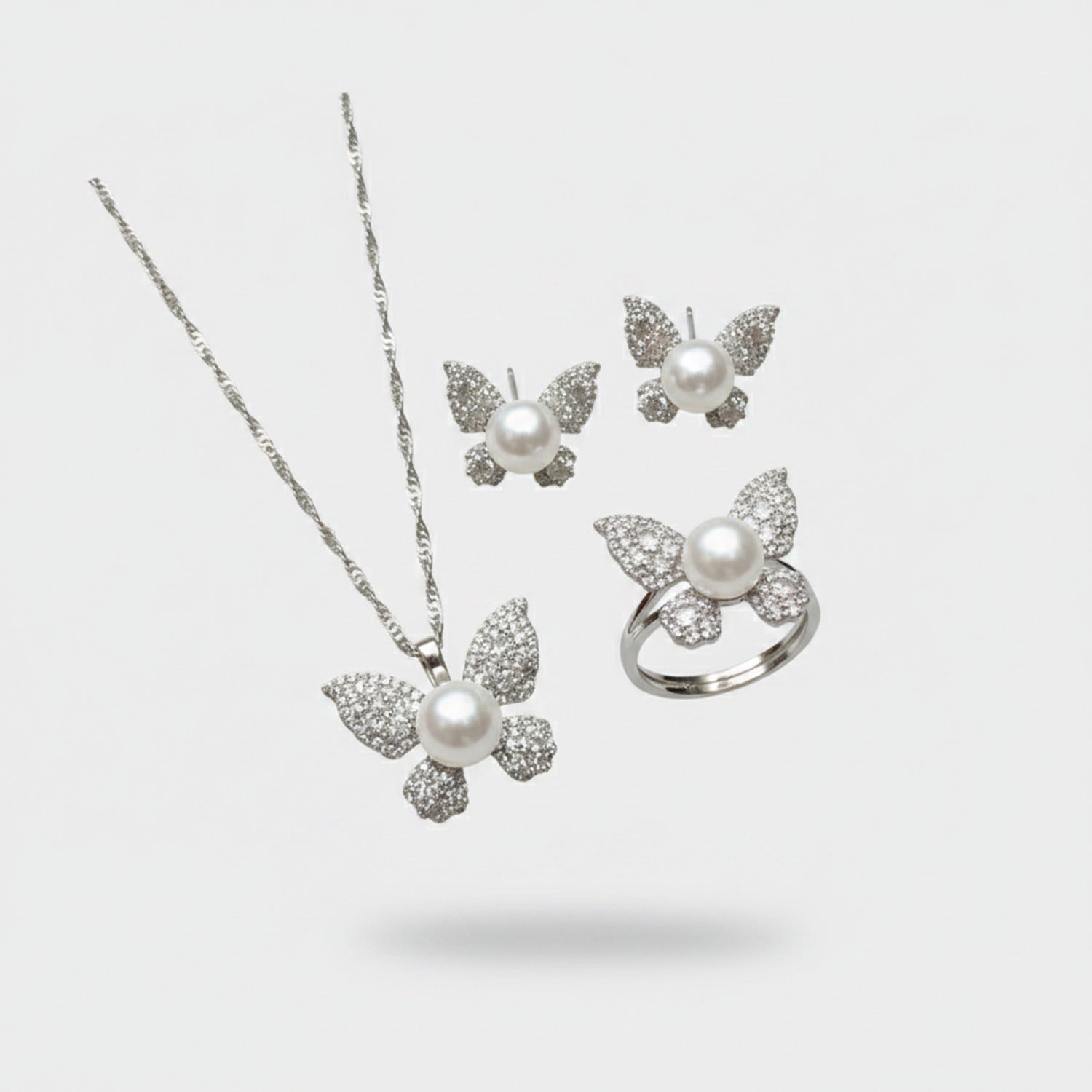 Pearl Butterfly Rhinestone Jewelry Set Ring