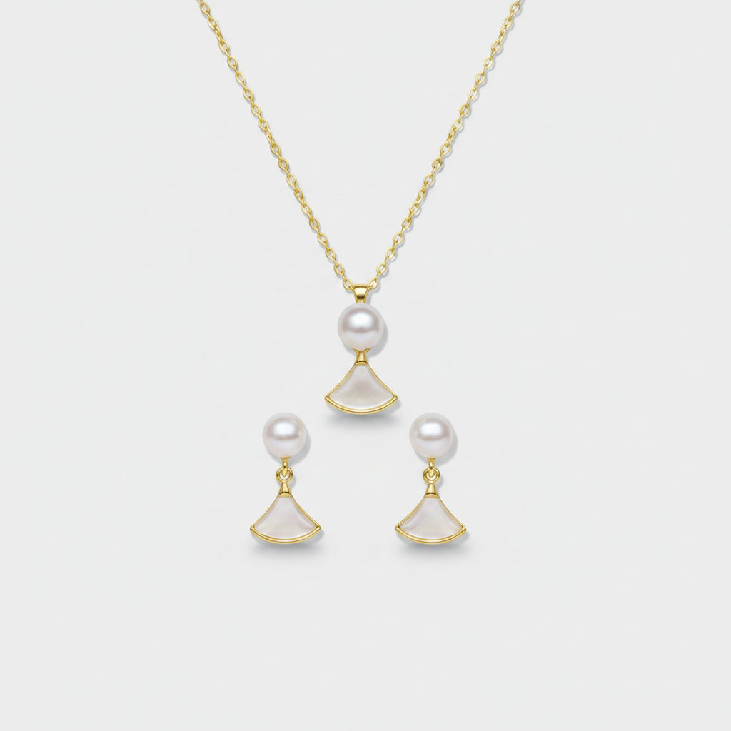 Pearl Fan Gold Necklace and Earring Set