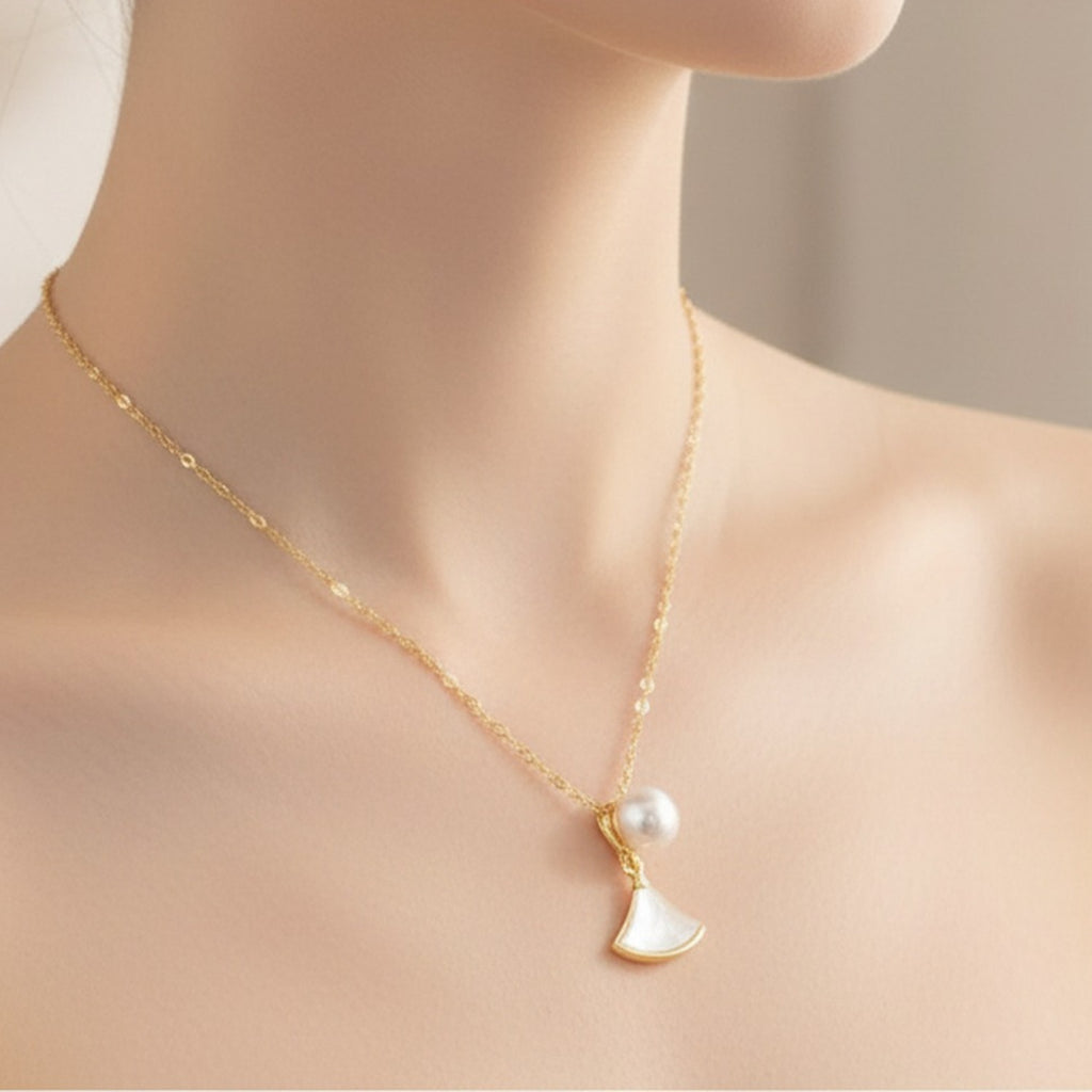 Pearl Fan Gold Necklace and Earring Set