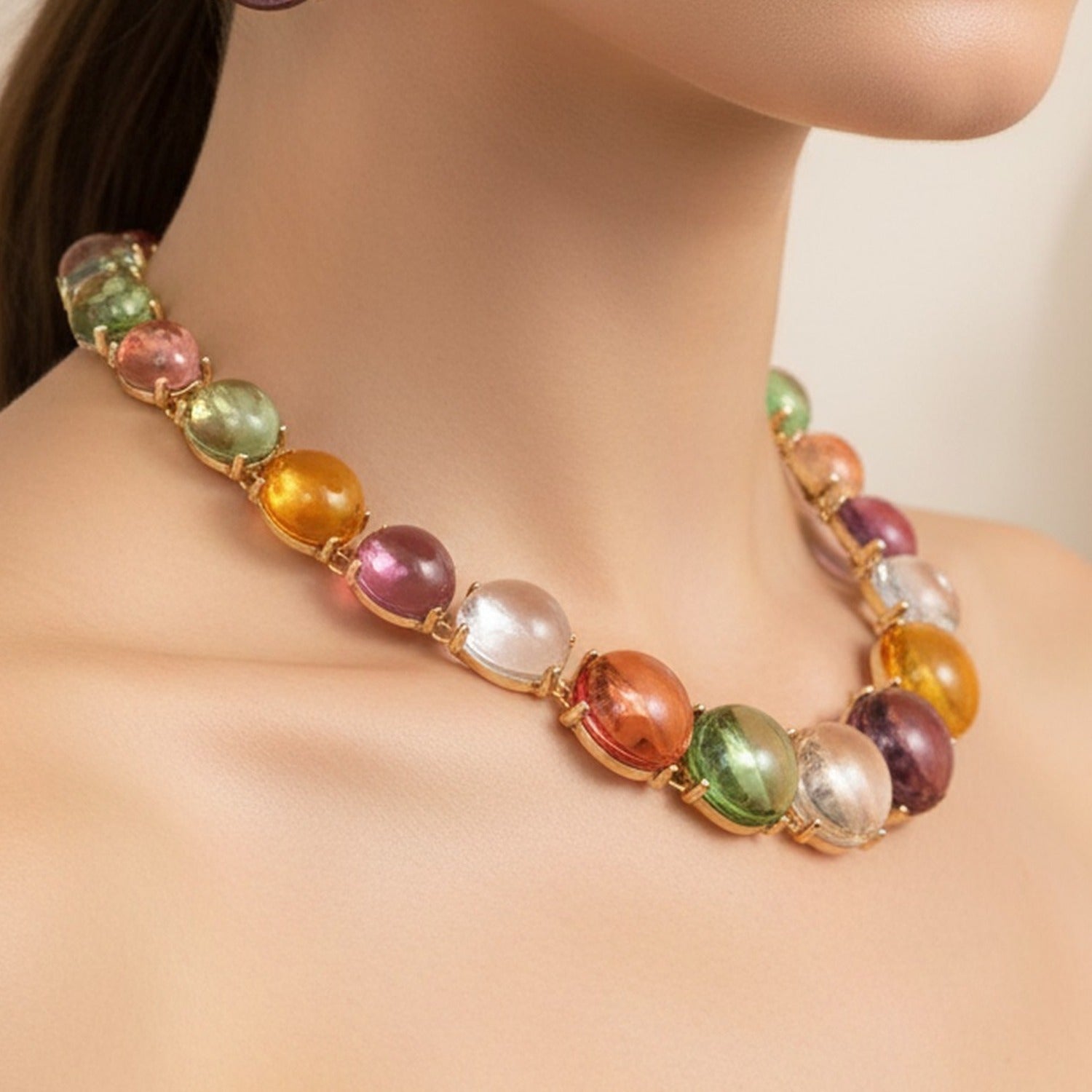 Colorful Cabochon Beaded Bracelet and Earring Set