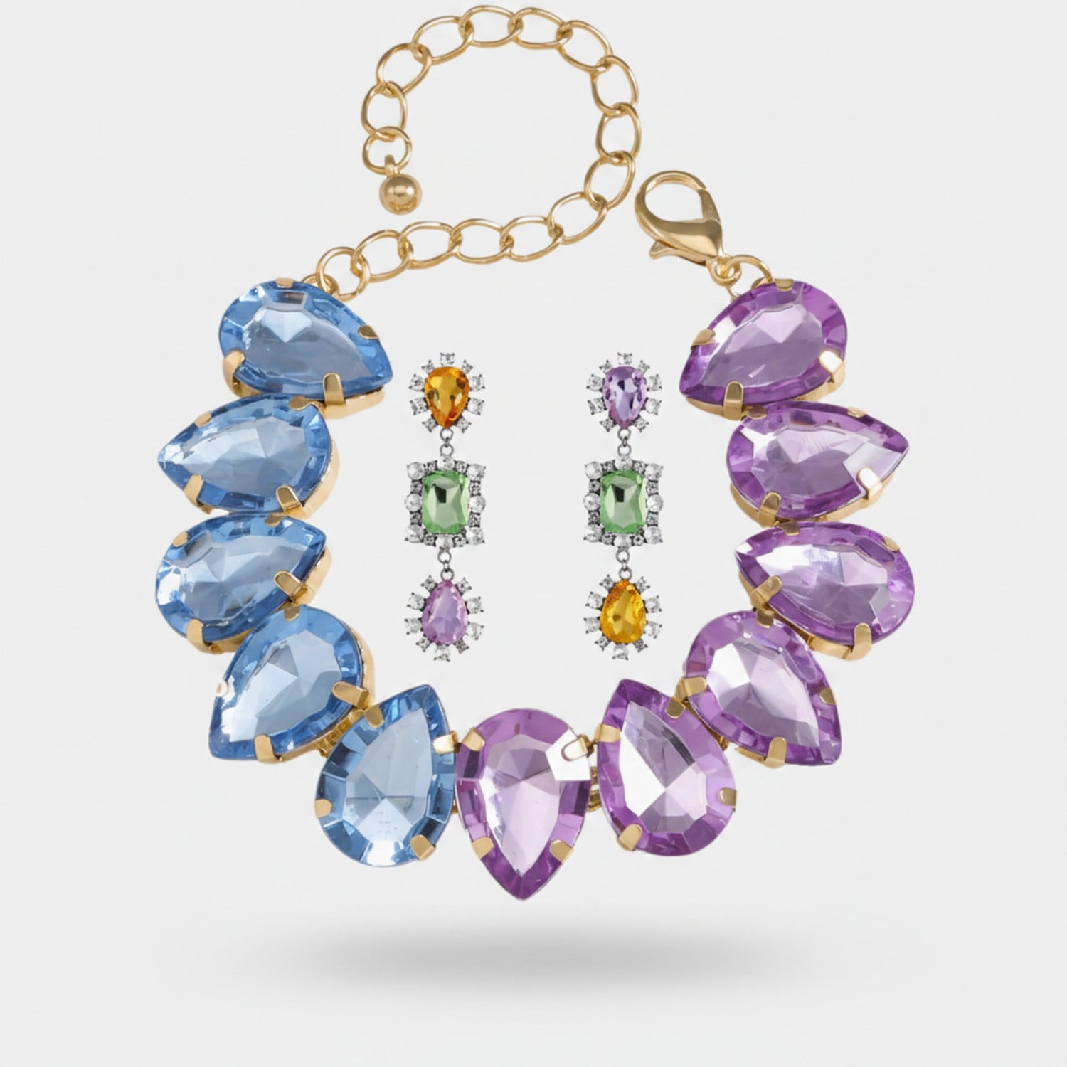 Multicolor Rhinestone Crystal Teardrop Bracelet & Earring Set