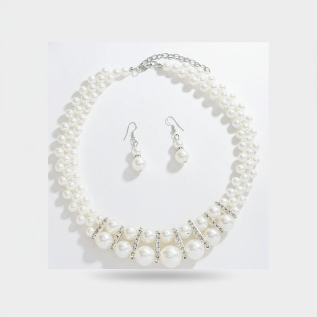 Pearl Beaded Rhinestone Statement Necklace Earring Set
