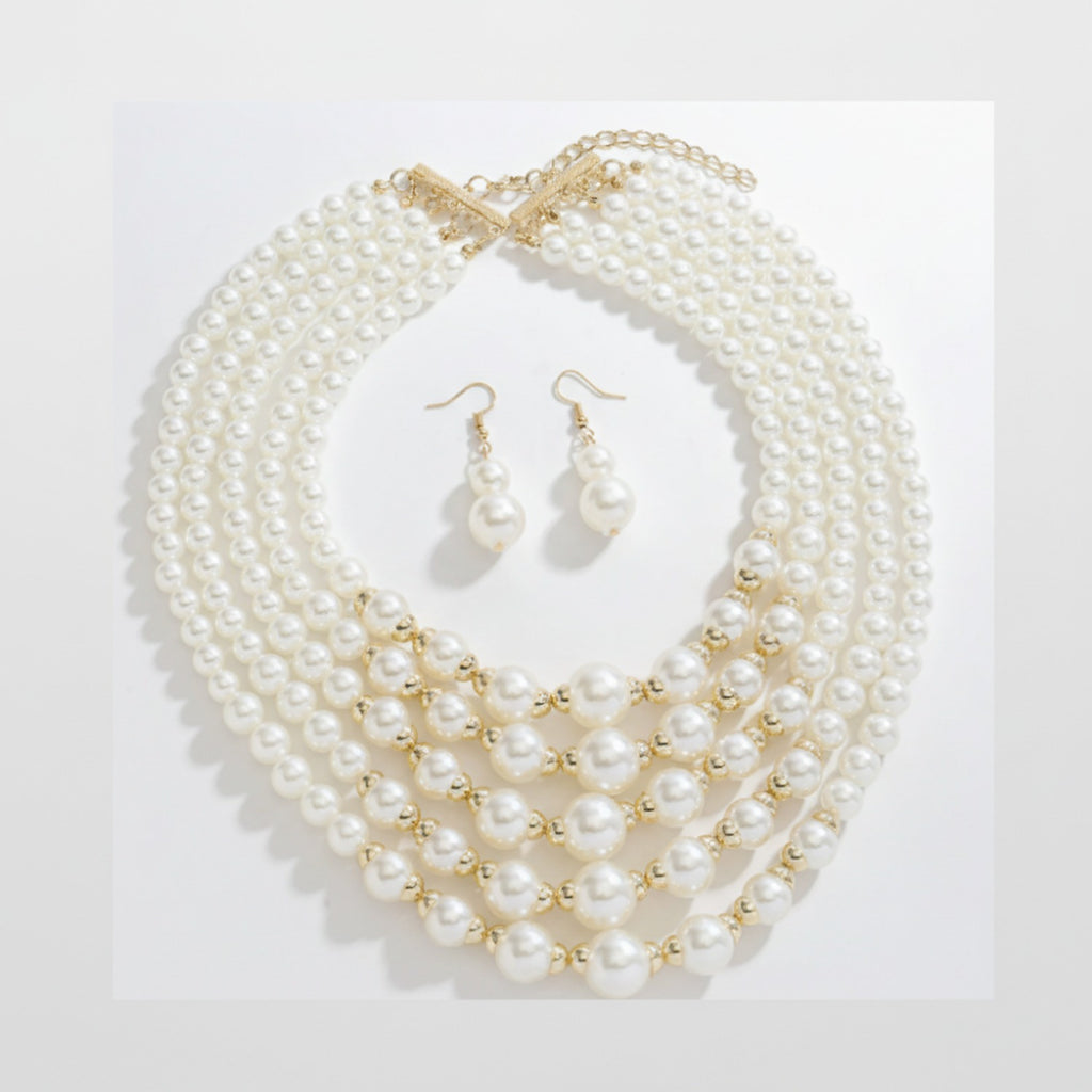 Pearl Beaded Layered Necklace & Earring Set