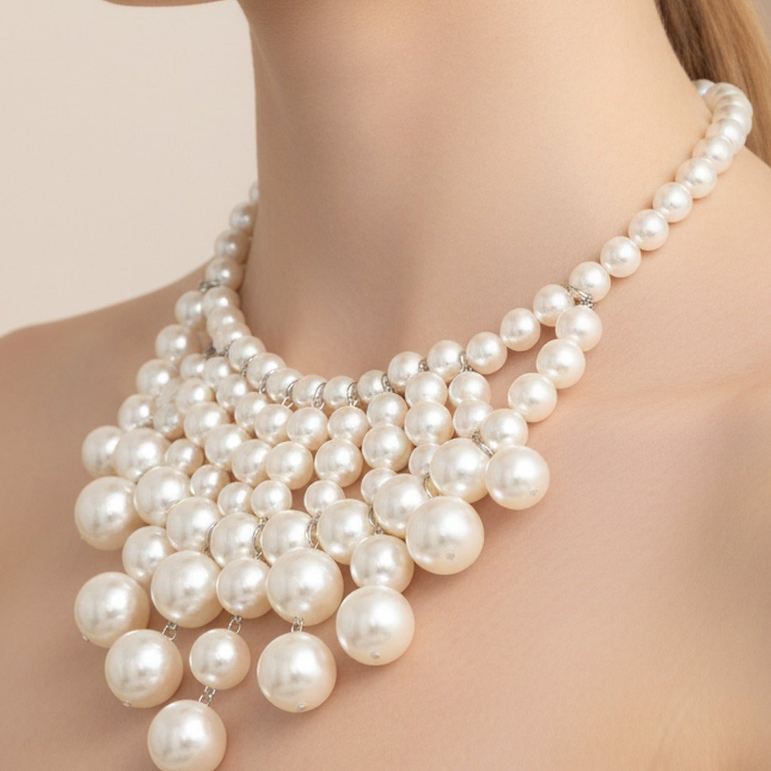 Pearl Layered Bib Necklace & Earring Set