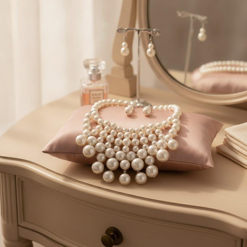Pearl Layered Bib Necklace & Earring Set – jewelry (view 2)