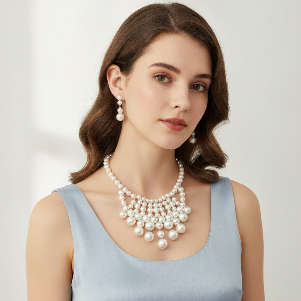 Pearl Layered Bib Necklace & Earring Set – jewelry (view 3)