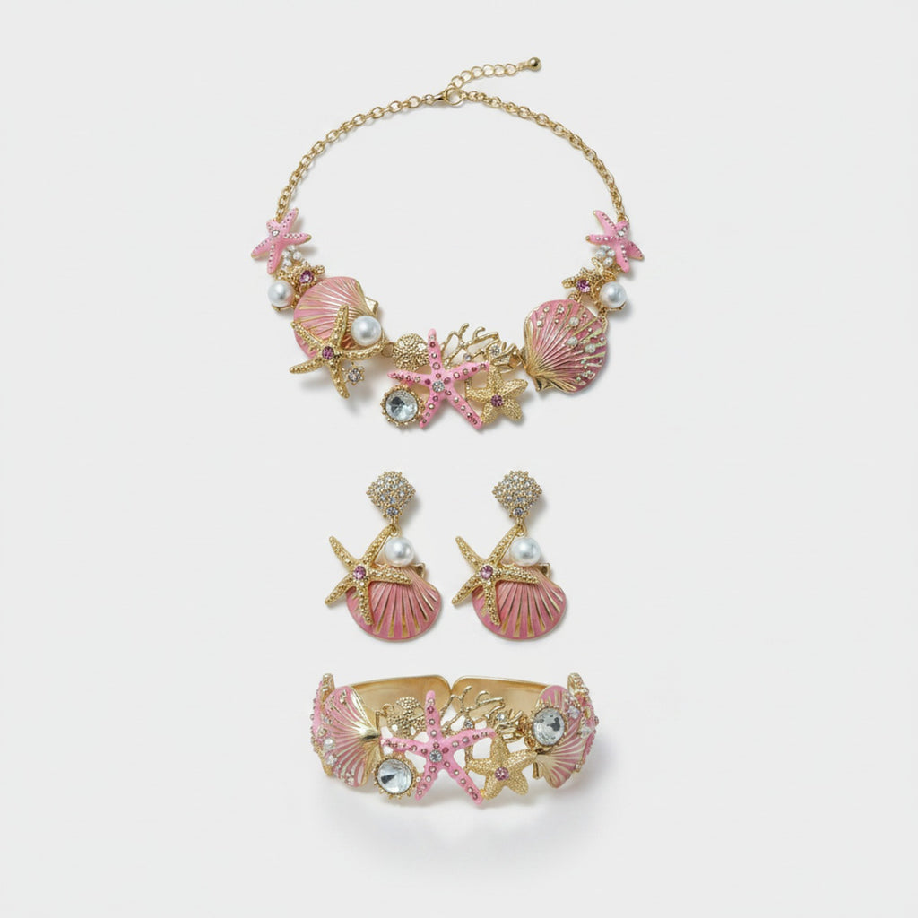 Pink Shell Starfish Pearl Jewelry Set With Bracelet